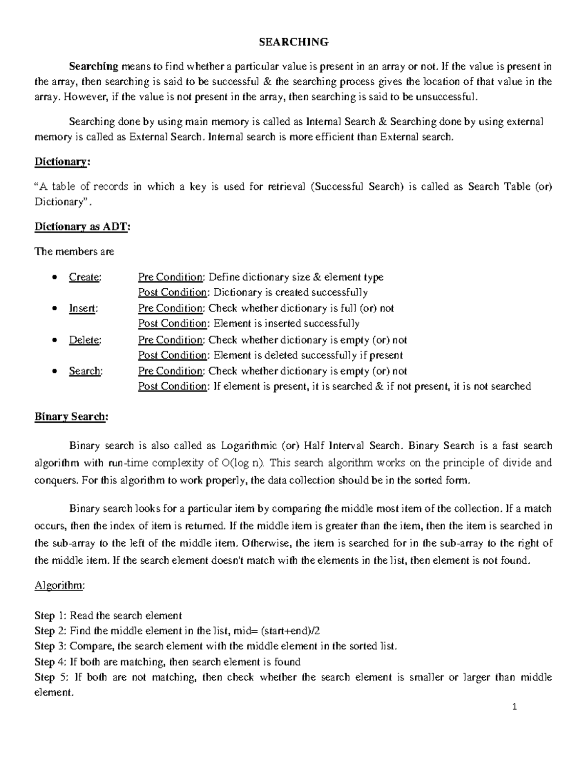 Searching - DATA STRUCTURES NOTES - SEARCHING Searching means to find ...