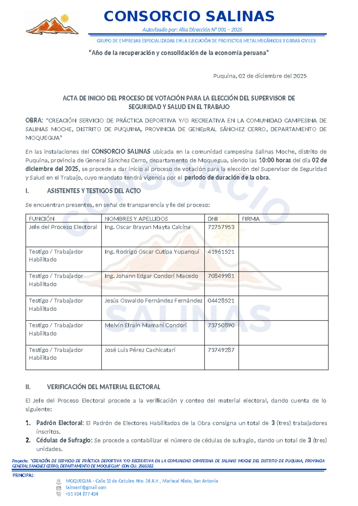 CS-HF06 Acta de Inicio del Proceso Electoral - Supervisor de Seguridad ...