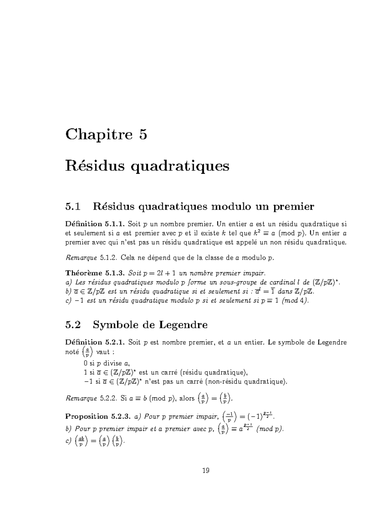 Chapitre 5: Résidus Quadratiques et Symboles de Legendre (Math 101 ...
