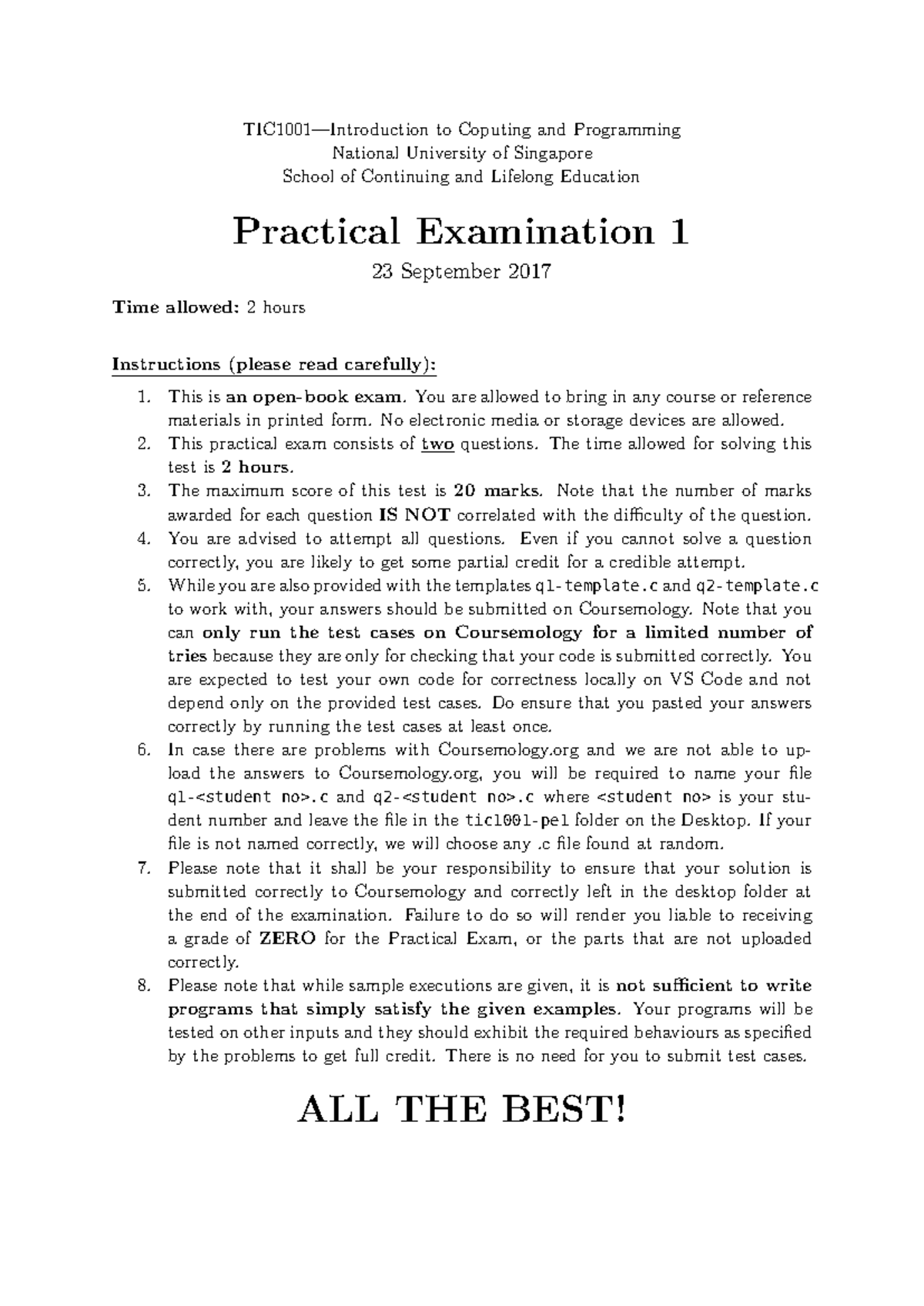 Introduction to Computing and Programming I PRACTICAL EXAM 1 - TIC1001 ...