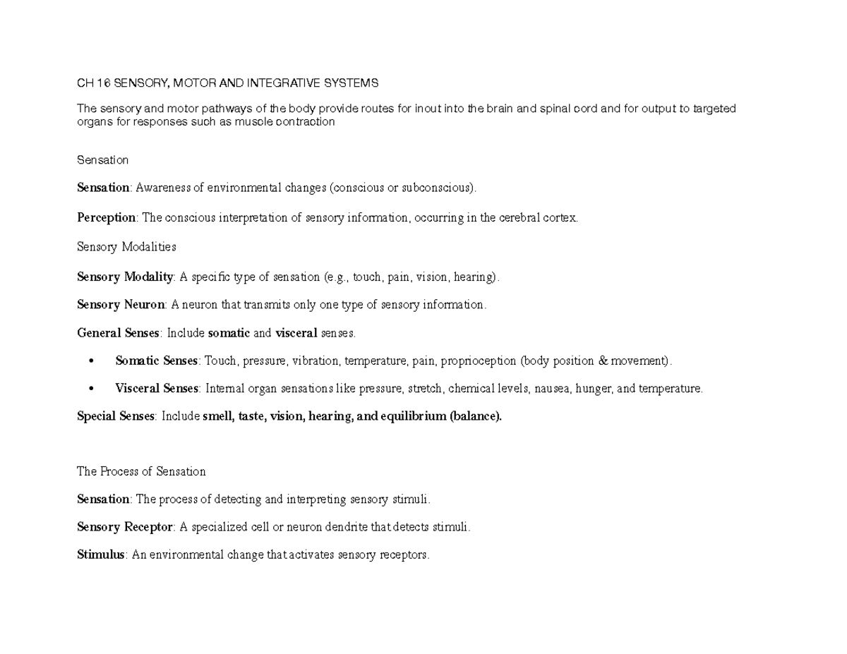CH 16-20 - ch 16-20 - CH 16 SENSORY, MOTOR AND INTEGRATIVE SYSTEMS The ...