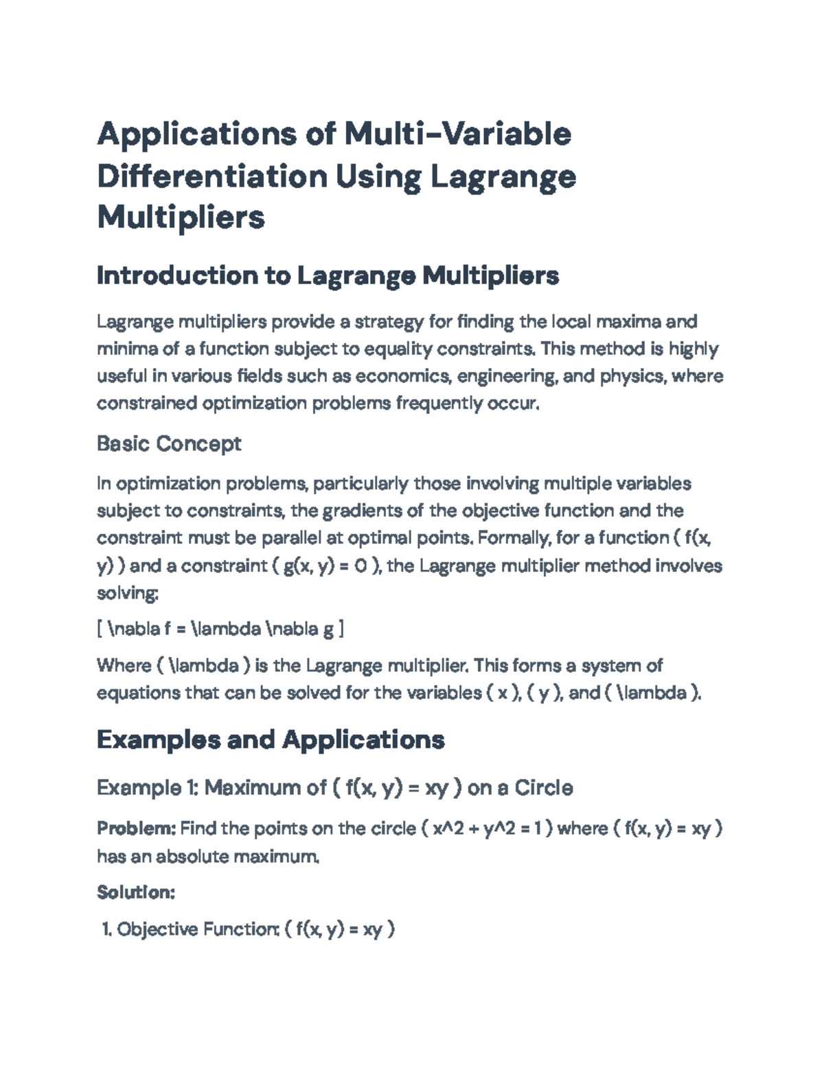 Applications of Lagrange Multipliers in Multi-Variable Optimization ...