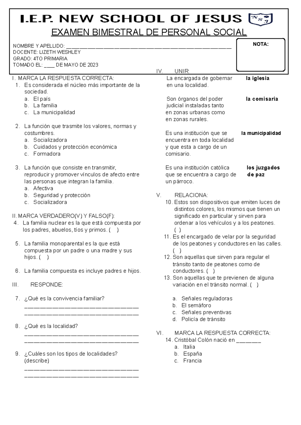 Examen Bimestral de Personal Social - 4to Primaria - Studocu