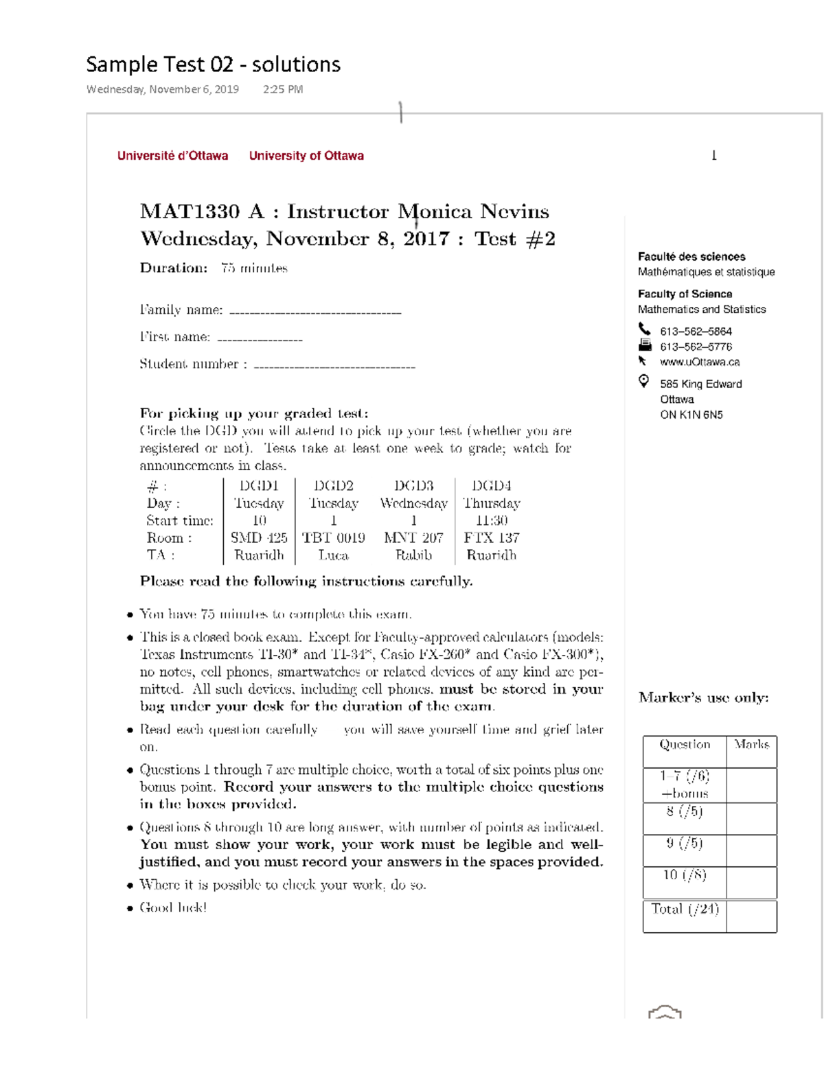 Sample Test 2 + solution - MAT1320 - ^ĂŵƉůĞ dĞƐƚ ϬϮ Ͳ ƐŽůƵƚŝŽŶƐ ...