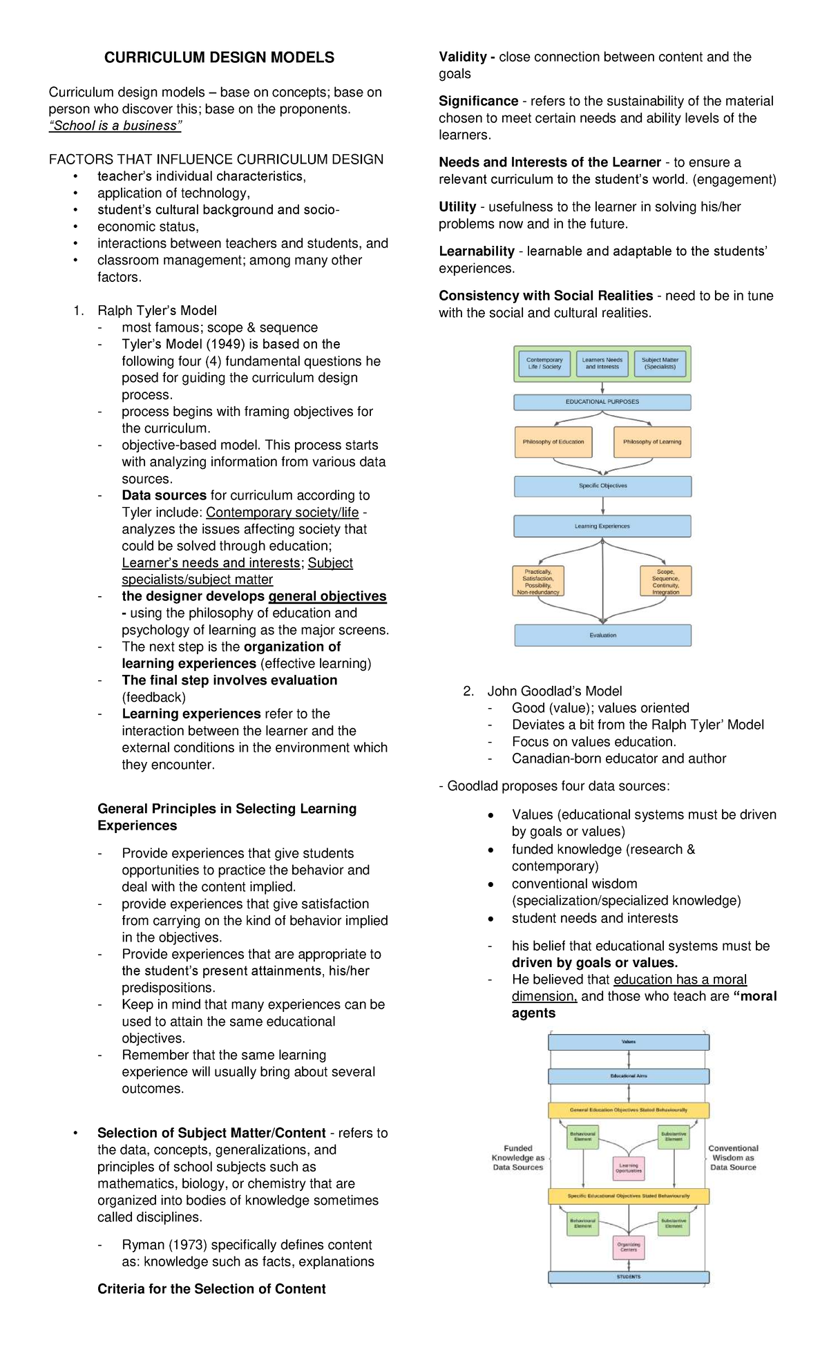 CURRICULUM DESIGN MODELS: Influences and Key Proponents - Studocu