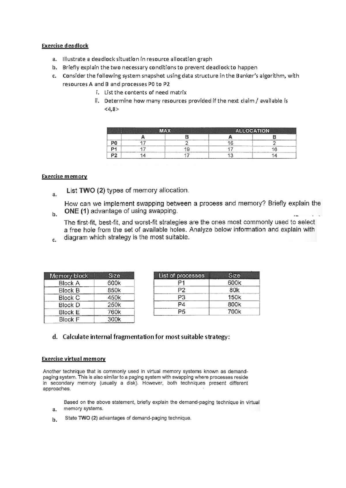 Exercise deadlock, memory and virtual memory - Exercise deadlock a ...