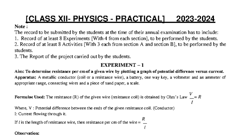XII Physics Practical Record: Experiments & Activities for 2023-24 ...