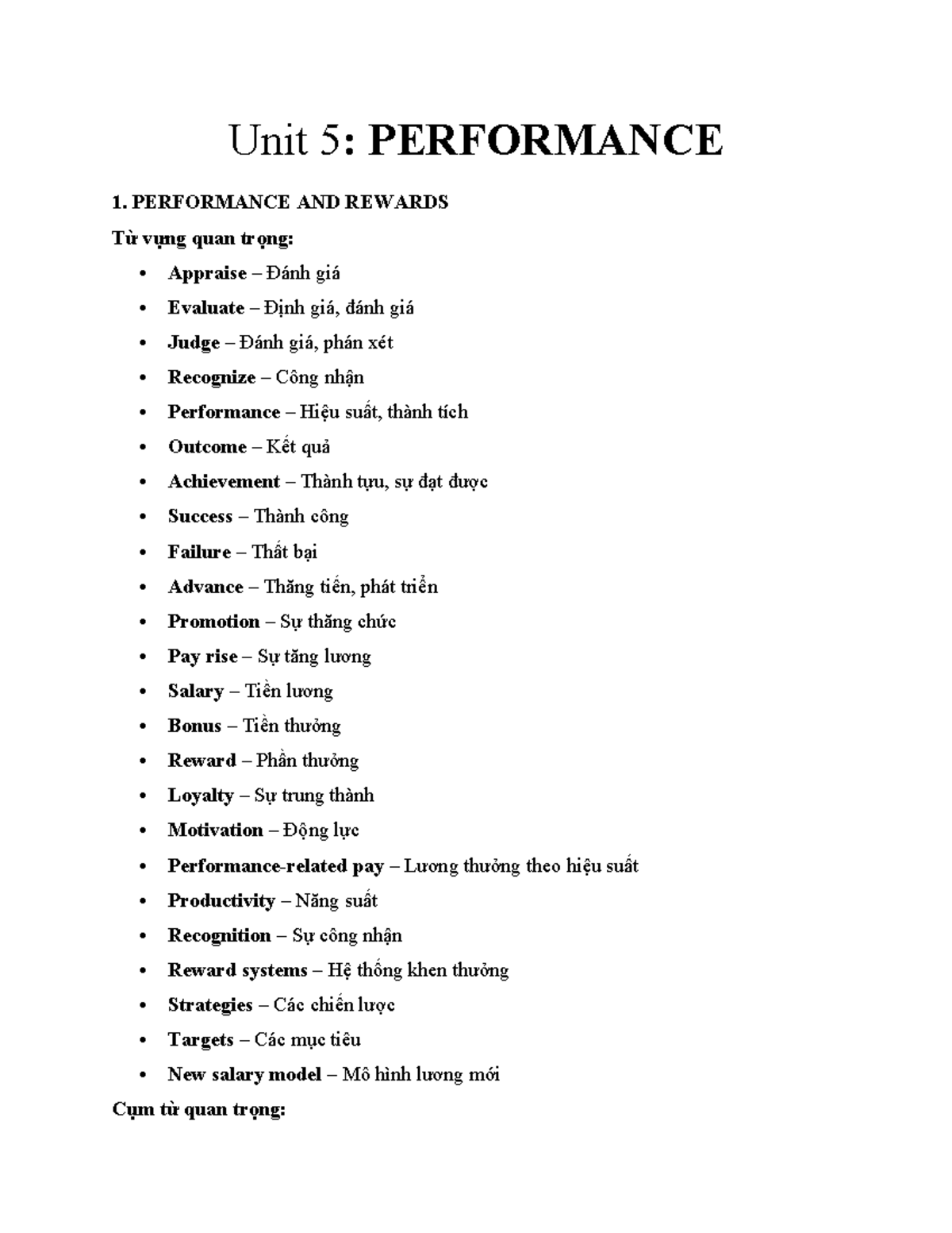 Unit 5: PERFORMANCE - Key Vocabulary and Concepts for Success - Studocu
