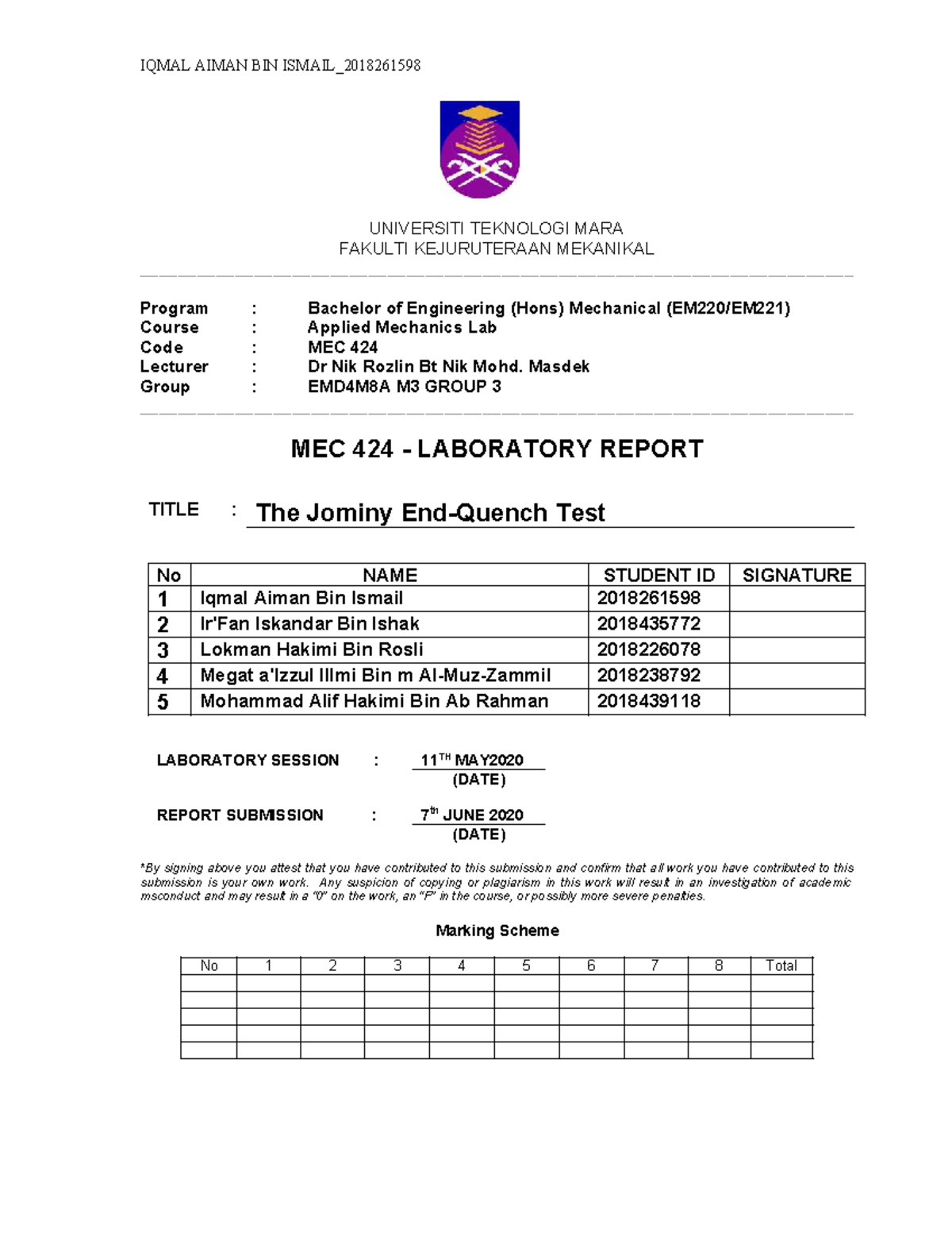 MEC 424 Laboratory Report: The Jominy End Quench Test - Studocu