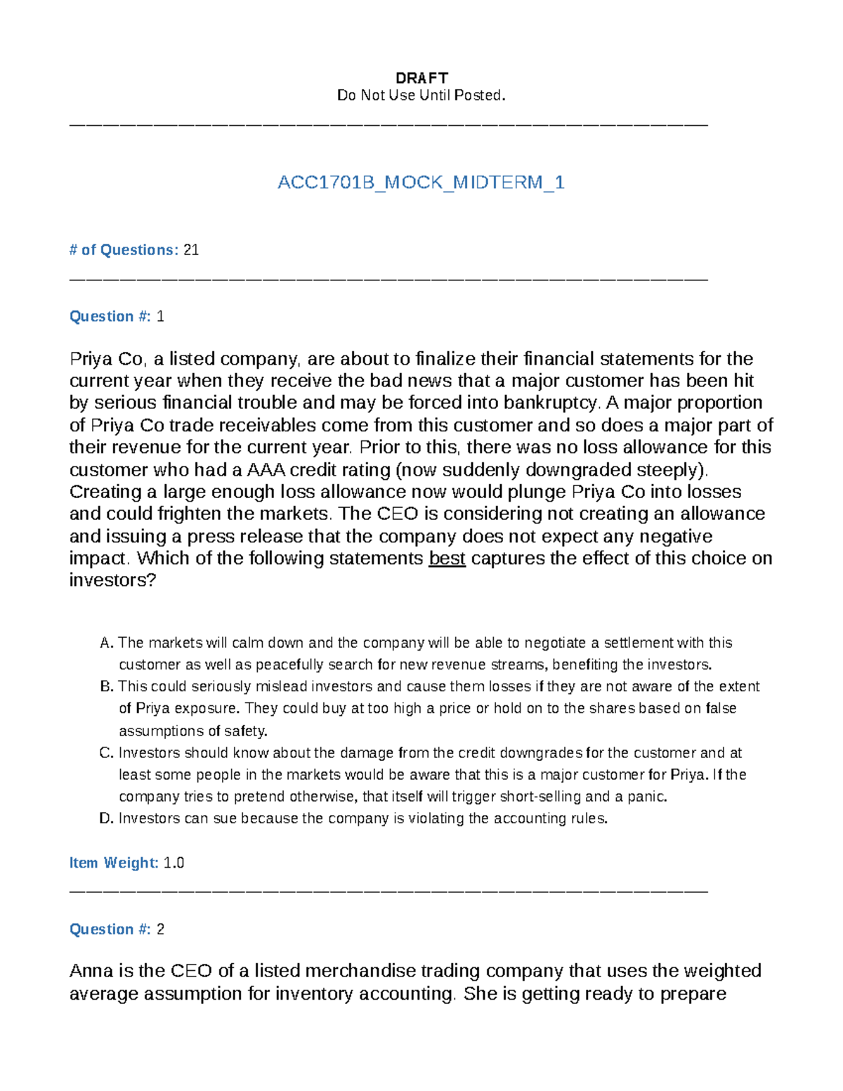 ACC1701 Mock Midterm Exam Questions and Answers - Document Preview