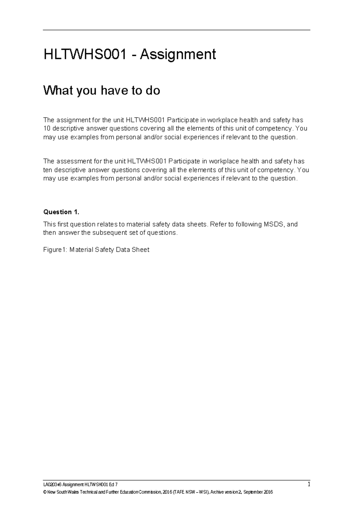 HLTWHS001 - Workplace Health & Safety Assignment Guide - Studocu