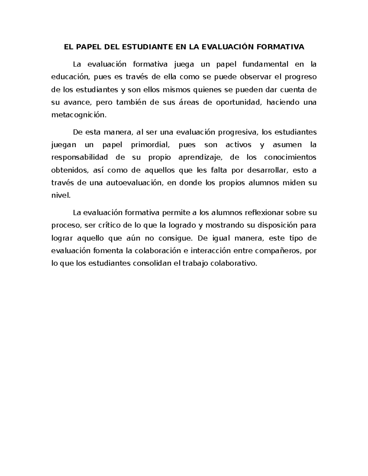 EL PAPEL DEL ESTUDIANTE EN LA EVALUACIÓN FORMATIVA - Studocu