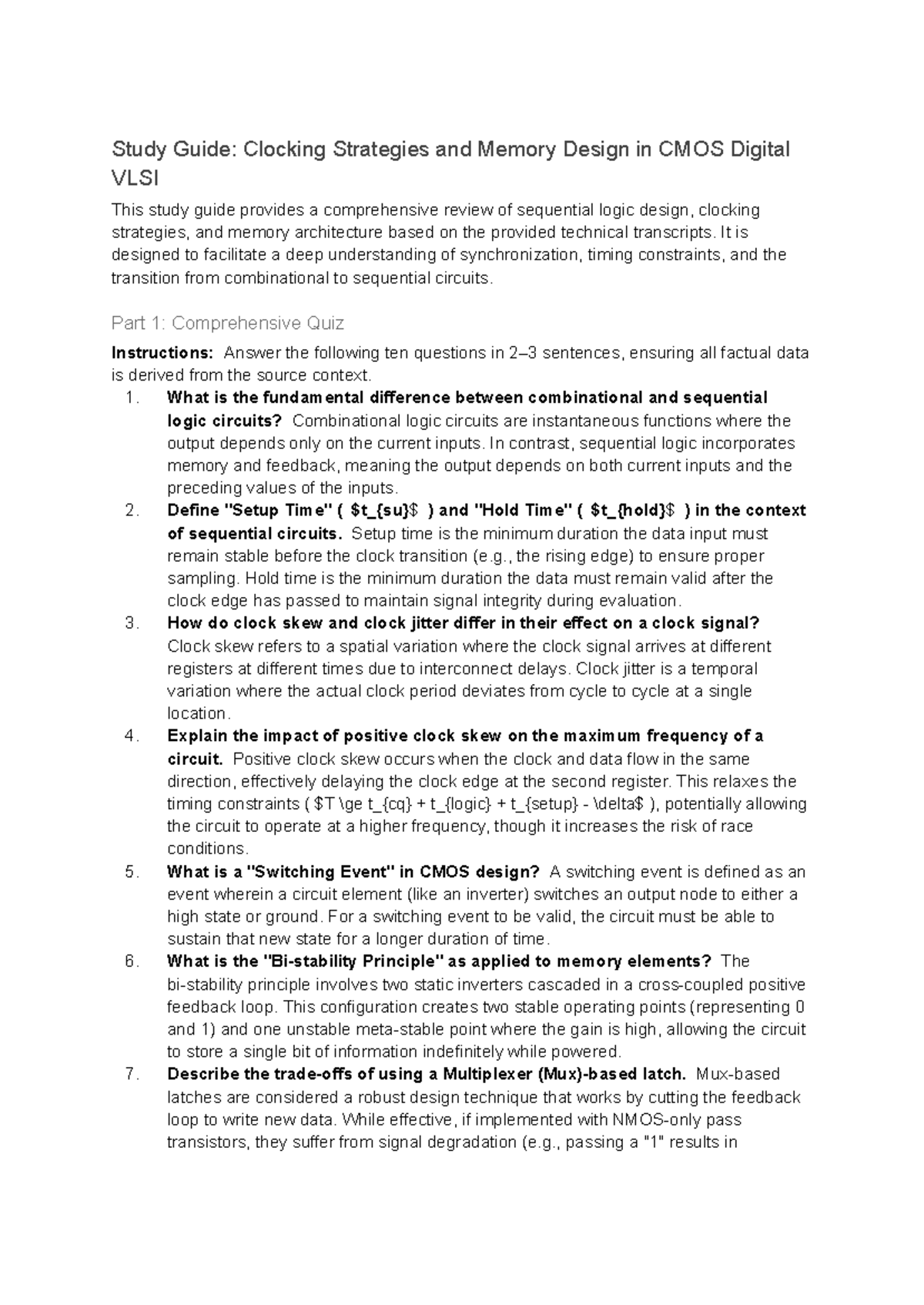 Study Guide: Clocking Strategies & Memory Design in CMOS VLSI - Studocu