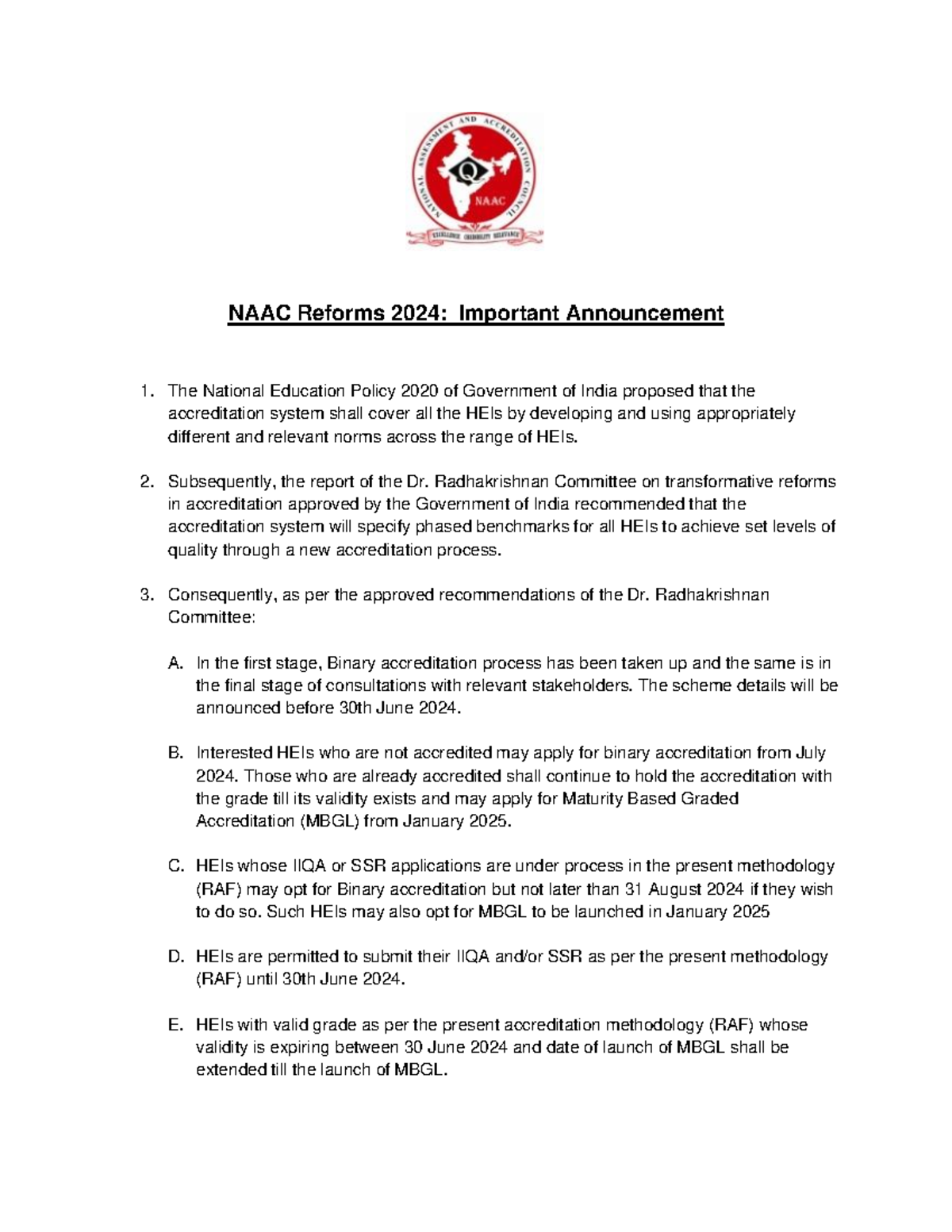 NAAC Reforms 2024- Important Announcements -June2024-Web Master (1 ...