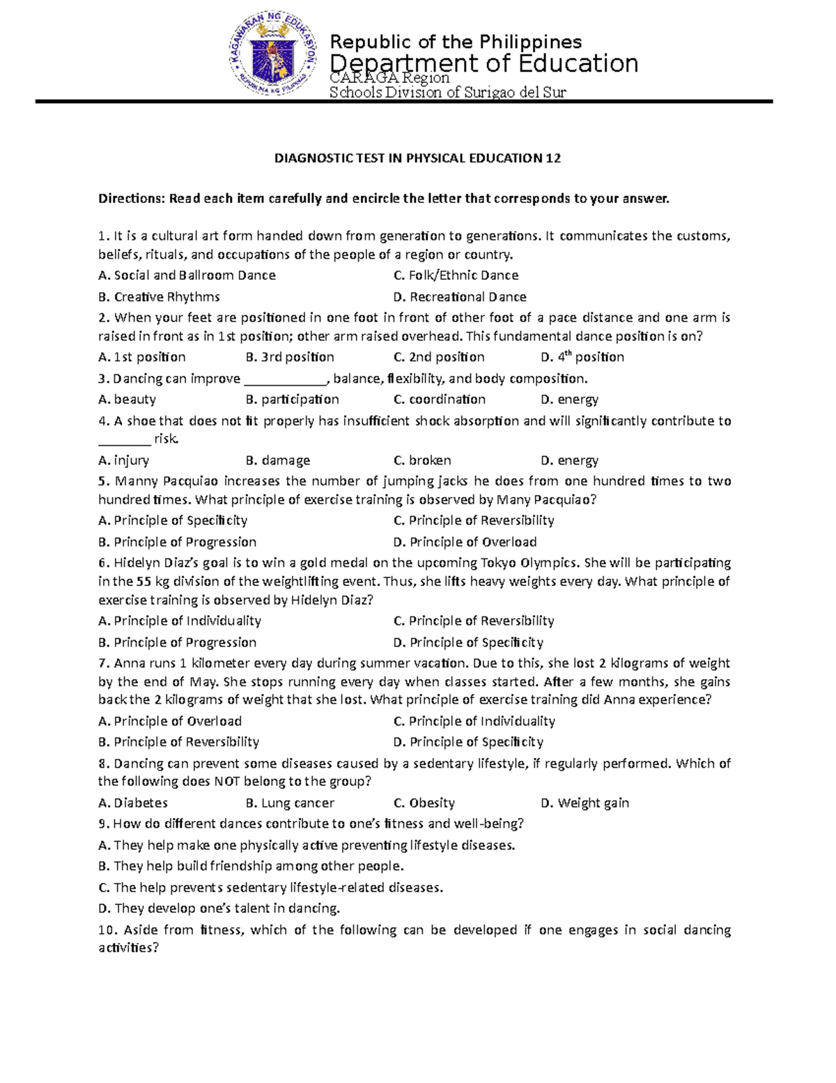 PE12 Diagnostic Test: Physical Education Concepts & Principles - Studocu