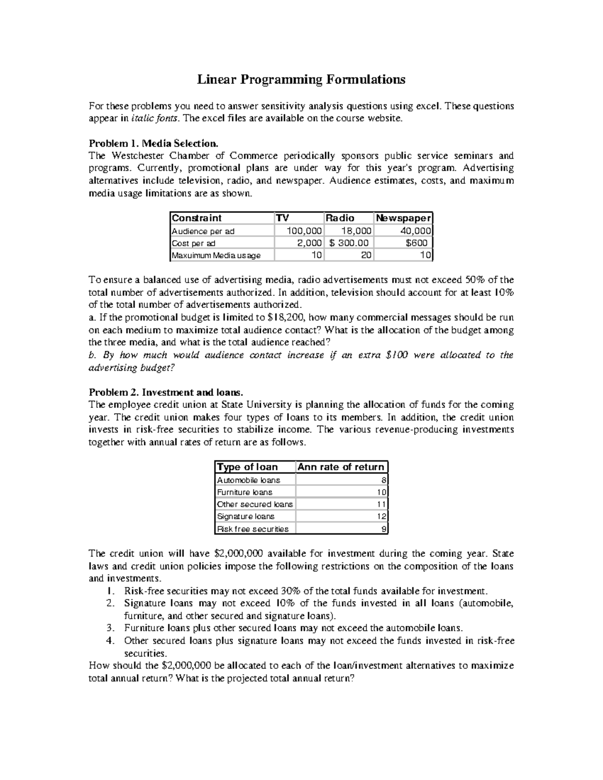 Qm350 ch03 lp formulation - Linear Programming Formulations For these ...