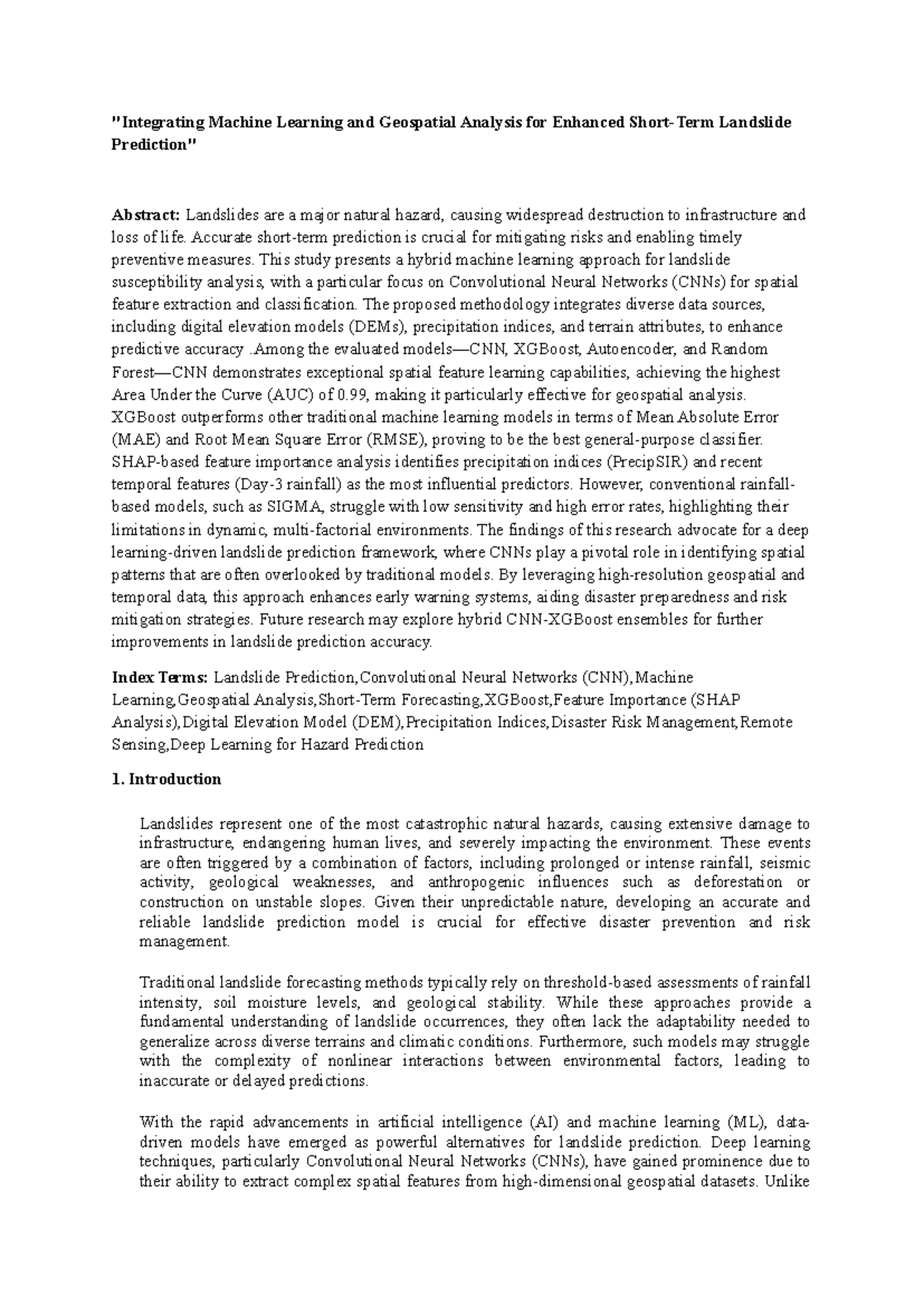 Machine Learning for Landslide Prediction: A CNN Approach (Course Code ...