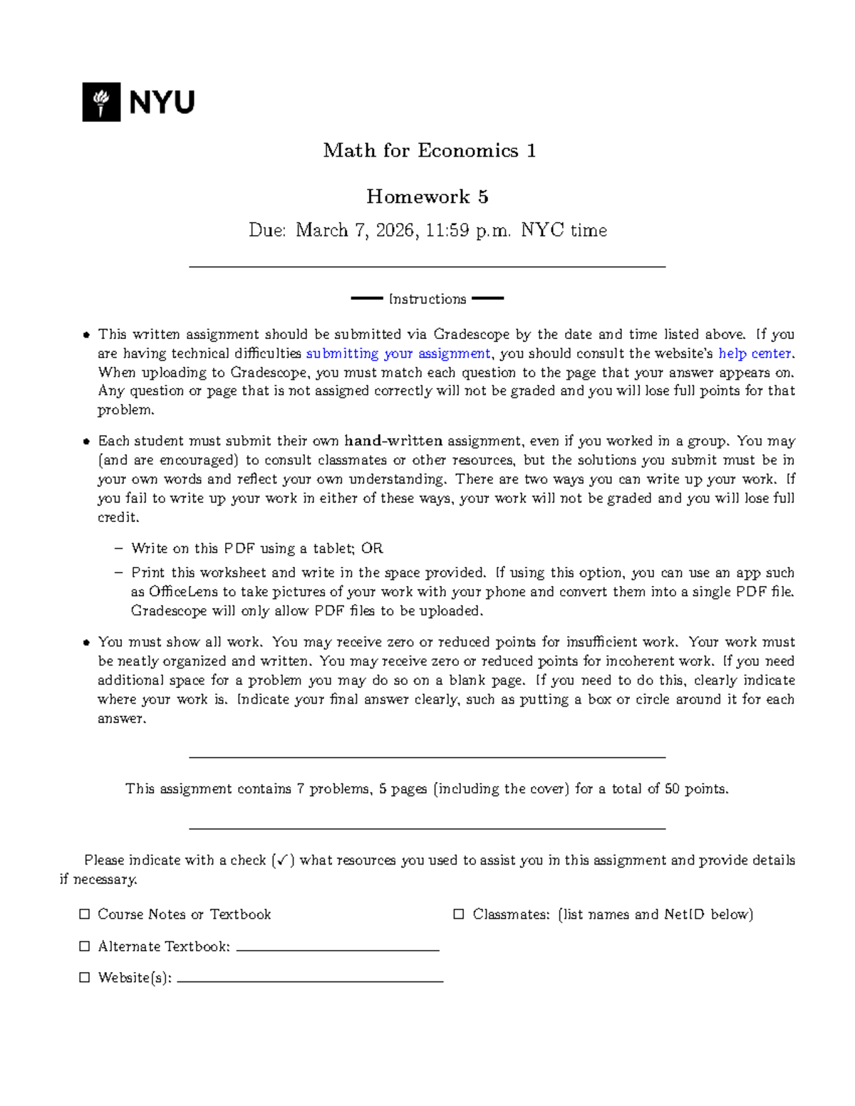 MFE1 Spring 2026 Math for Economics 1 Homework 5 Instructions - Studocu