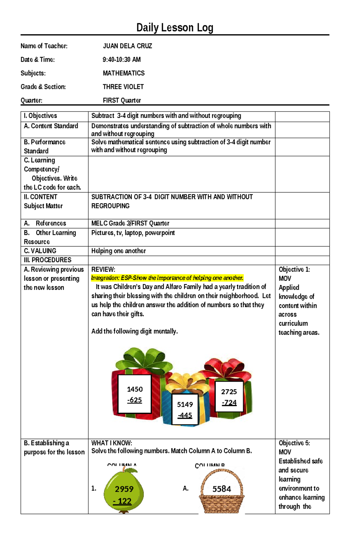 COT-MATH-Q1-Daily Lesson Log on Subtraction for Grade 3 - Studocu