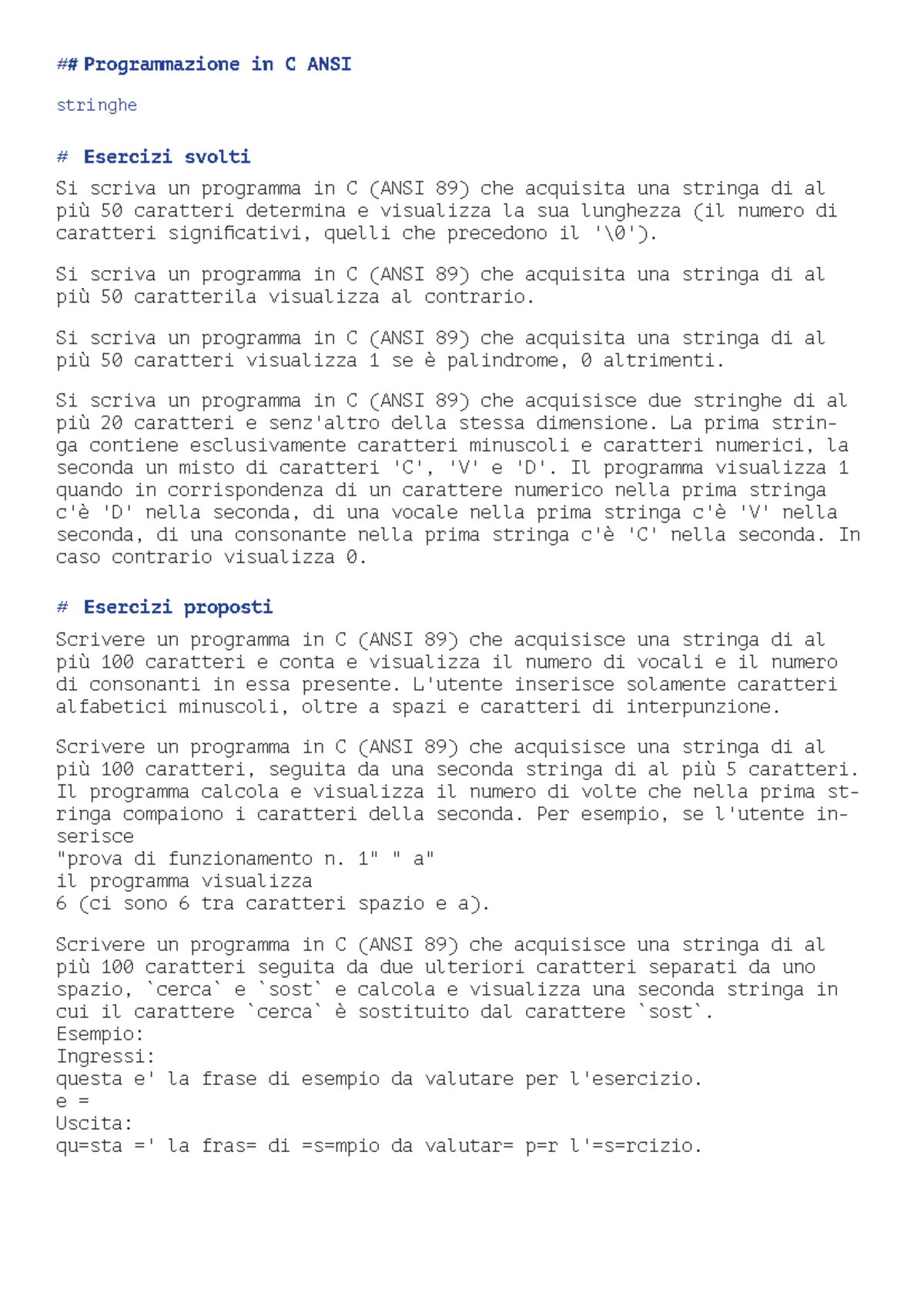 Esercizi linguaggio C 24-10-23 - Programmazione in C ANSI stringhe ...