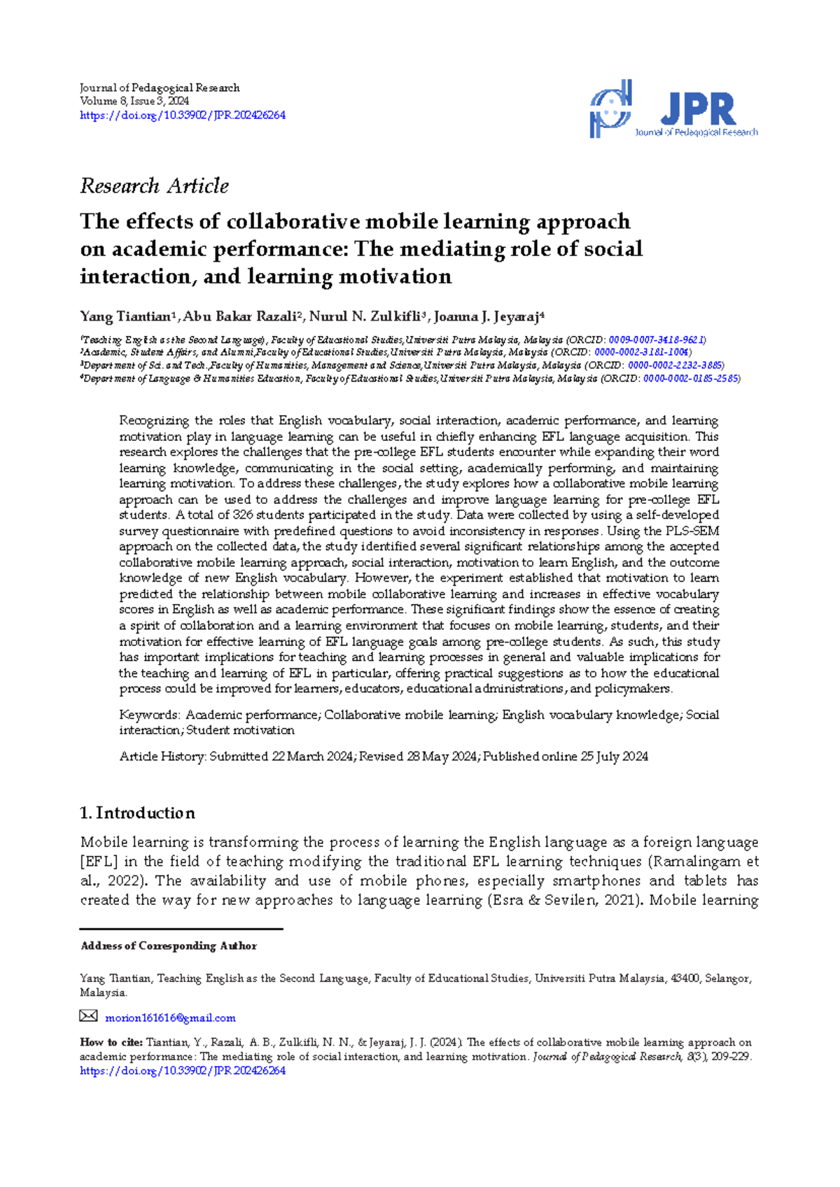 The Effects of Collaborative Mobile Learning on EFL Performance: A ...
