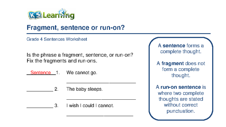 Grade 4 Fragment, Sentence, or Run-On Worksheet - Studocu