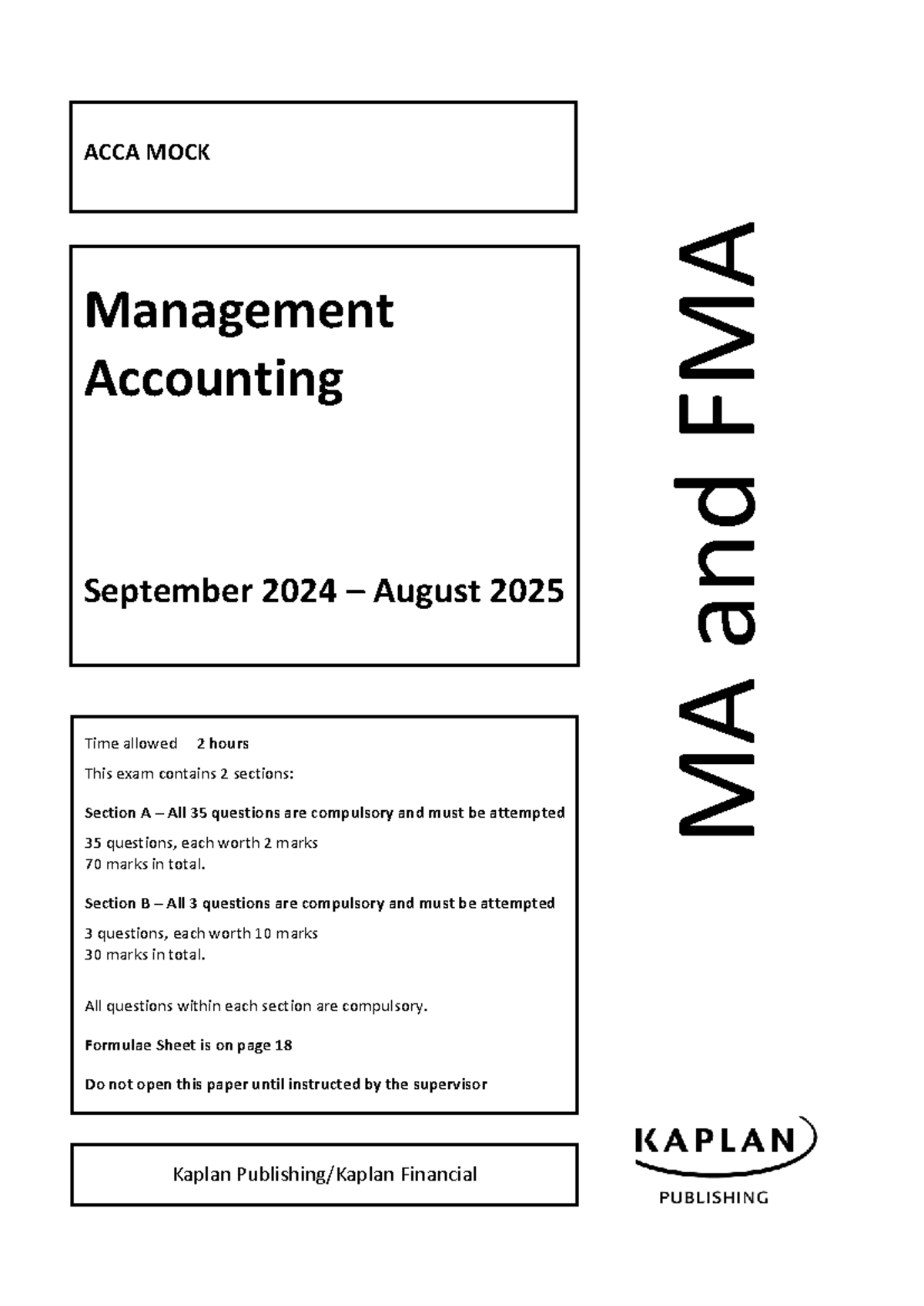 MA-FMA Mock Exam Questions: Management Accounting September 2024 - Studocu