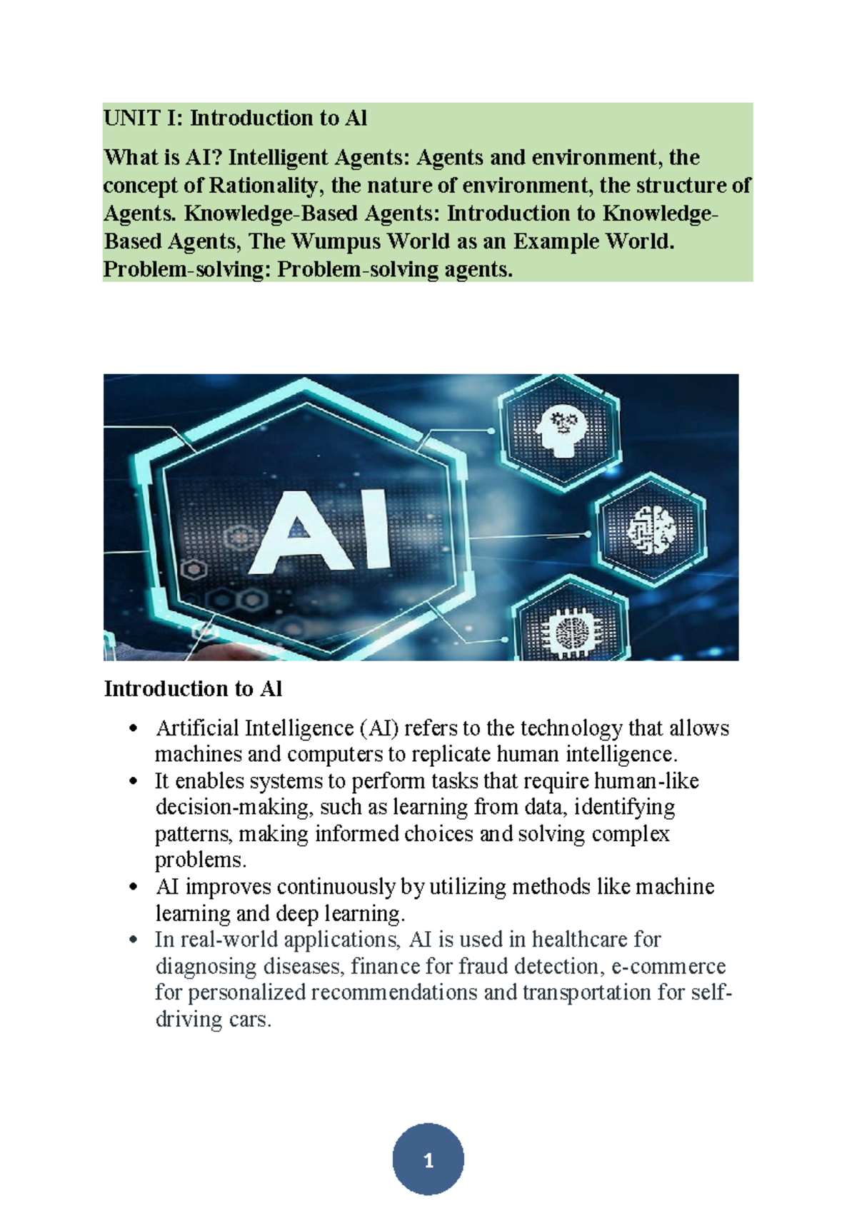 AI UNIT I: Introduction to Artificial Intelligence and Intelligent ...
