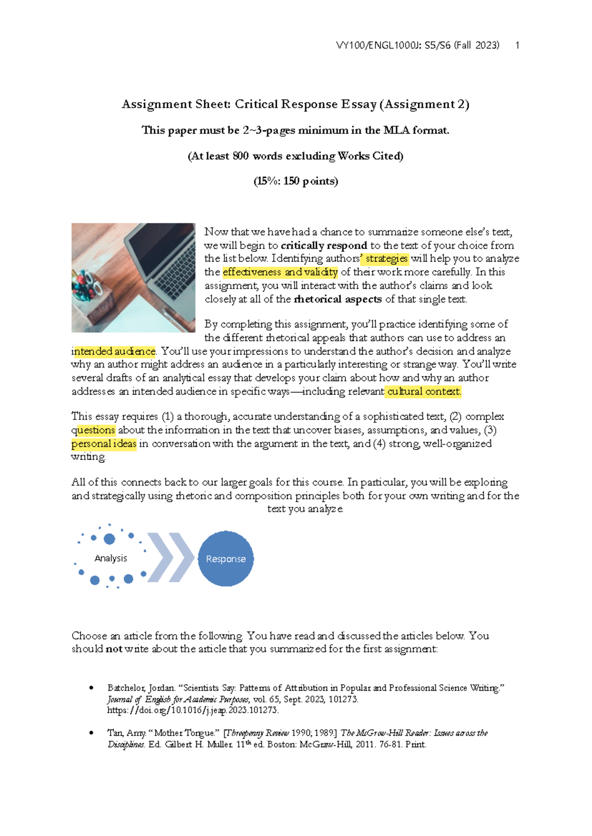 (Fall 2023) Assignment 2: Guidelines for Critical Response Essay - Studocu