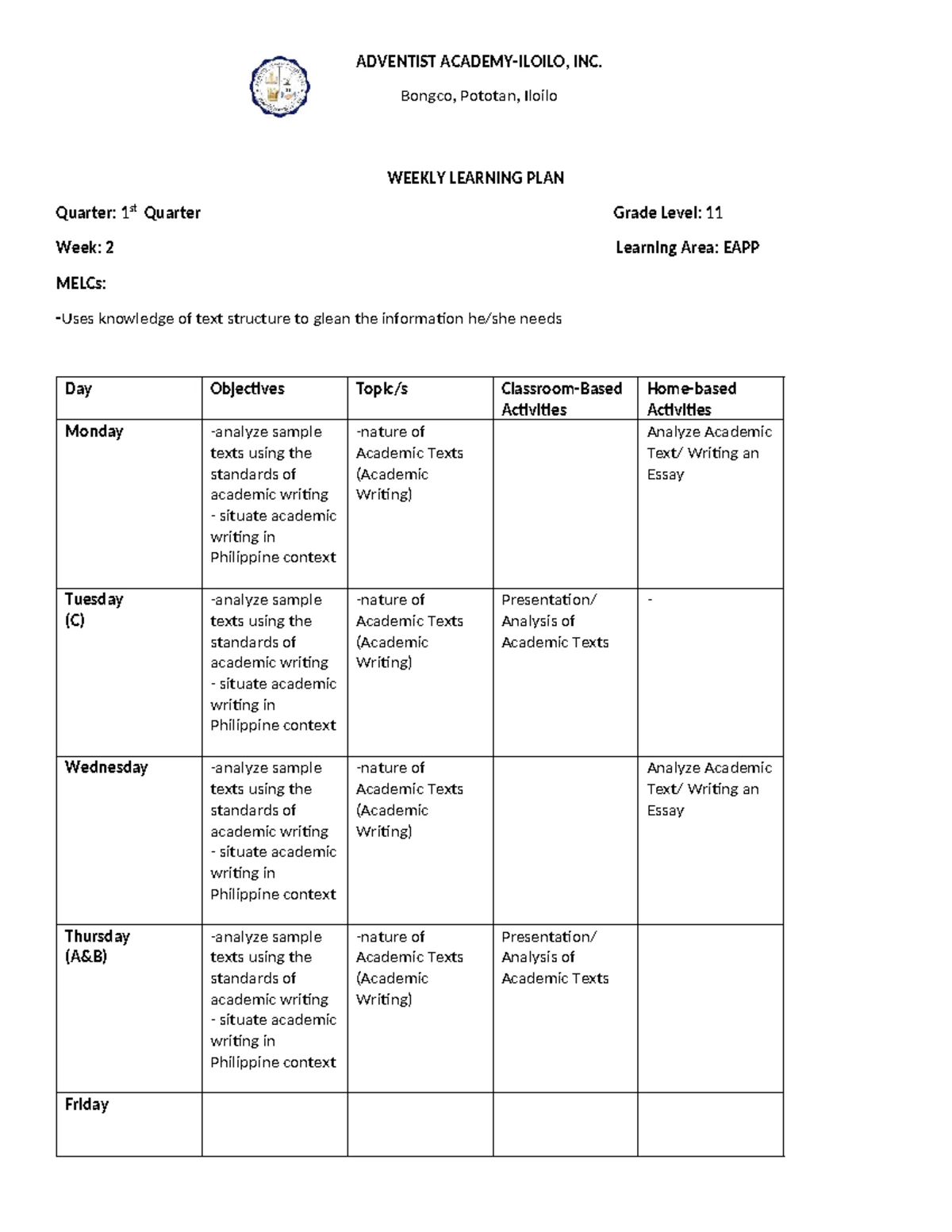 Week 1 - lesson - WEEKLY LEARNING PLAN Quarter: 1st Quarter Grade Level ...