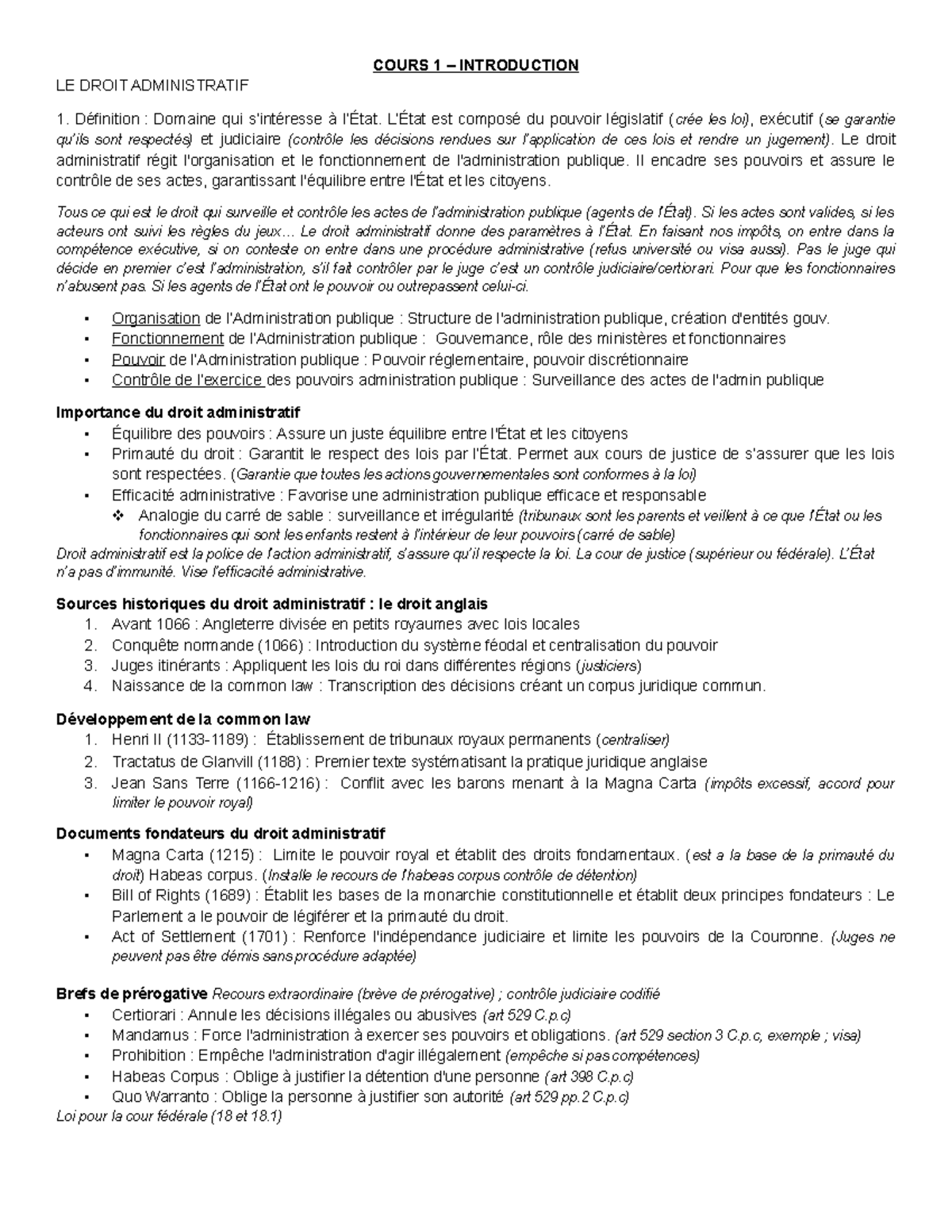 COURS 1 : INTRODUCTION AU DROIT ADMINISTRATIF - NOTES DE COURS - Studocu