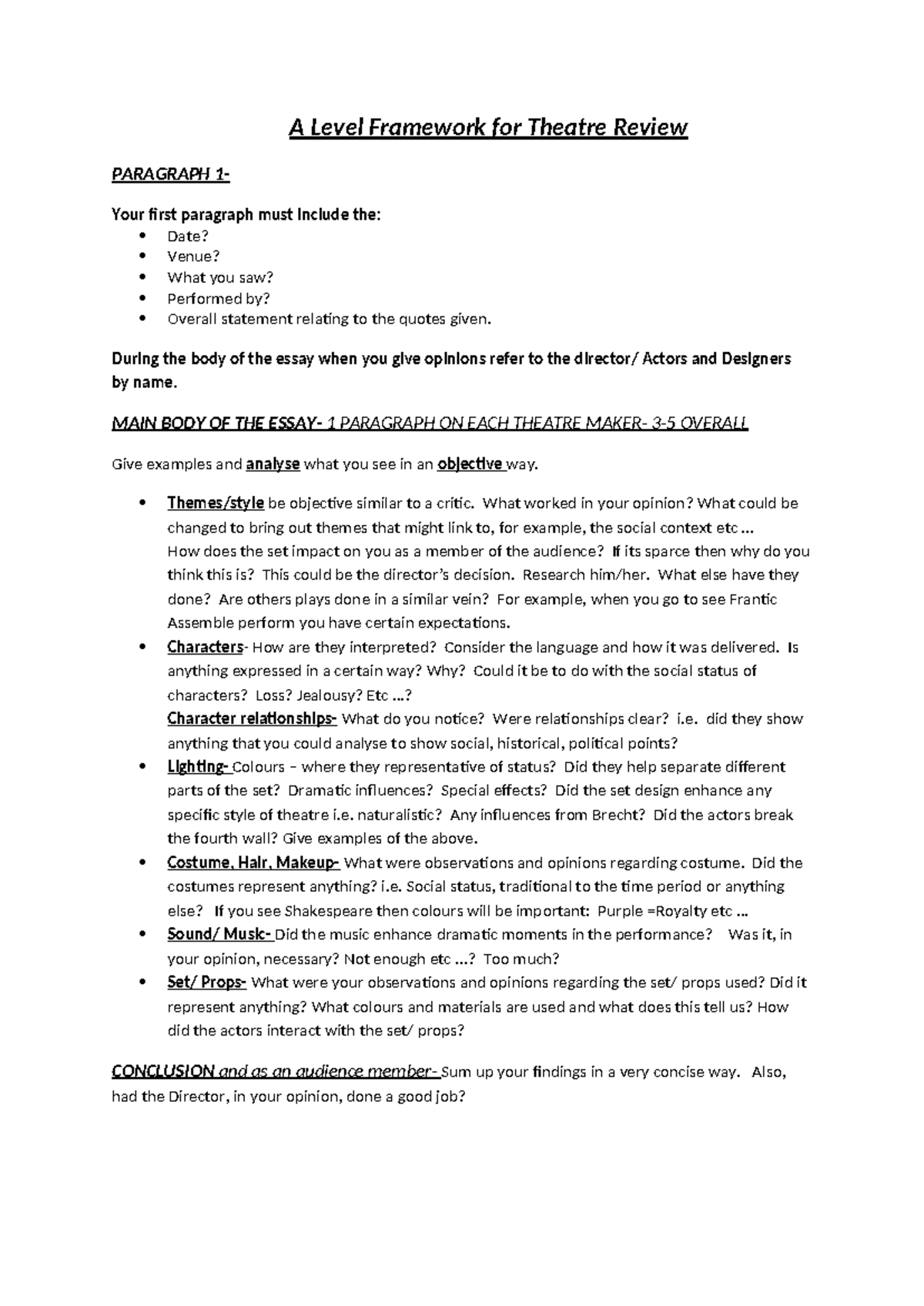 A Level Theatre Review Essay Structure Guide - Studocu