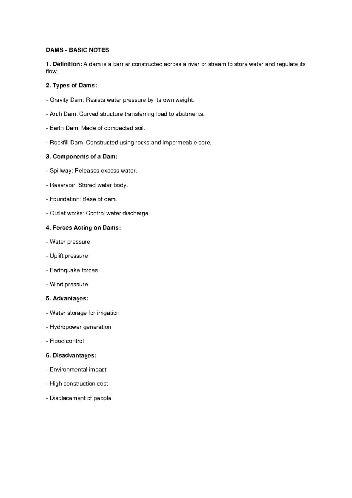 DAMS 101: Comprehensive Notes on Types, Components, and Forces - Studocu