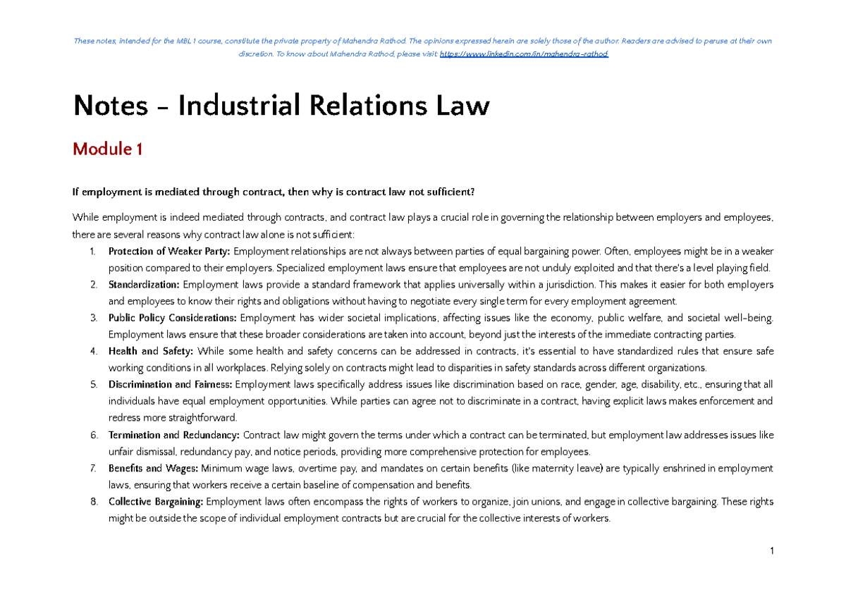 Notes - Industrial Relations Law - discretion. To know about Mahendra ...