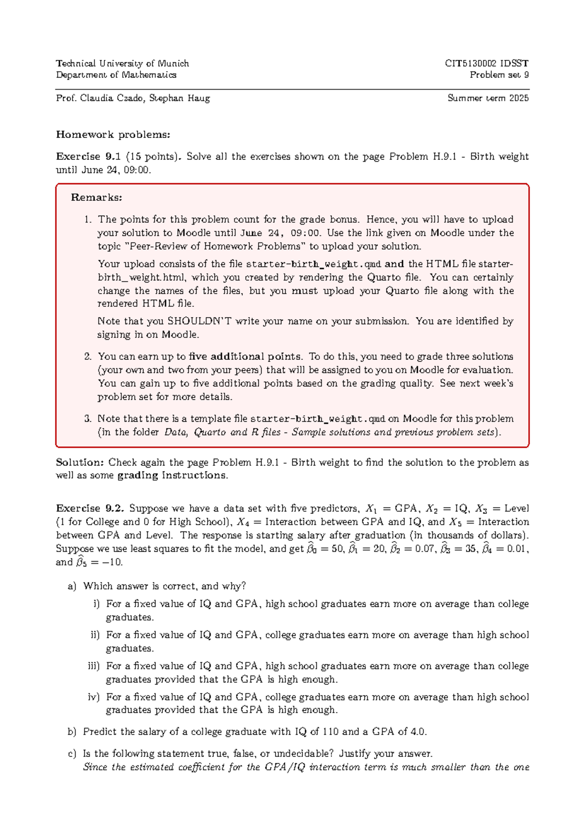 TUM Math IDSST Problem Set 09 Solutions - Summer 2025 - Studocu