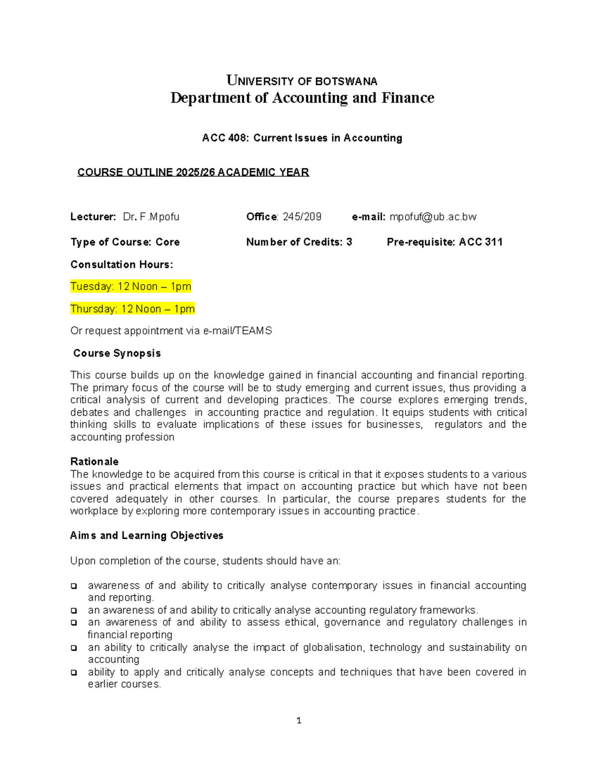 Course Outline ACC 408: Current Issues in Accounting (Jan-May 2026 ...