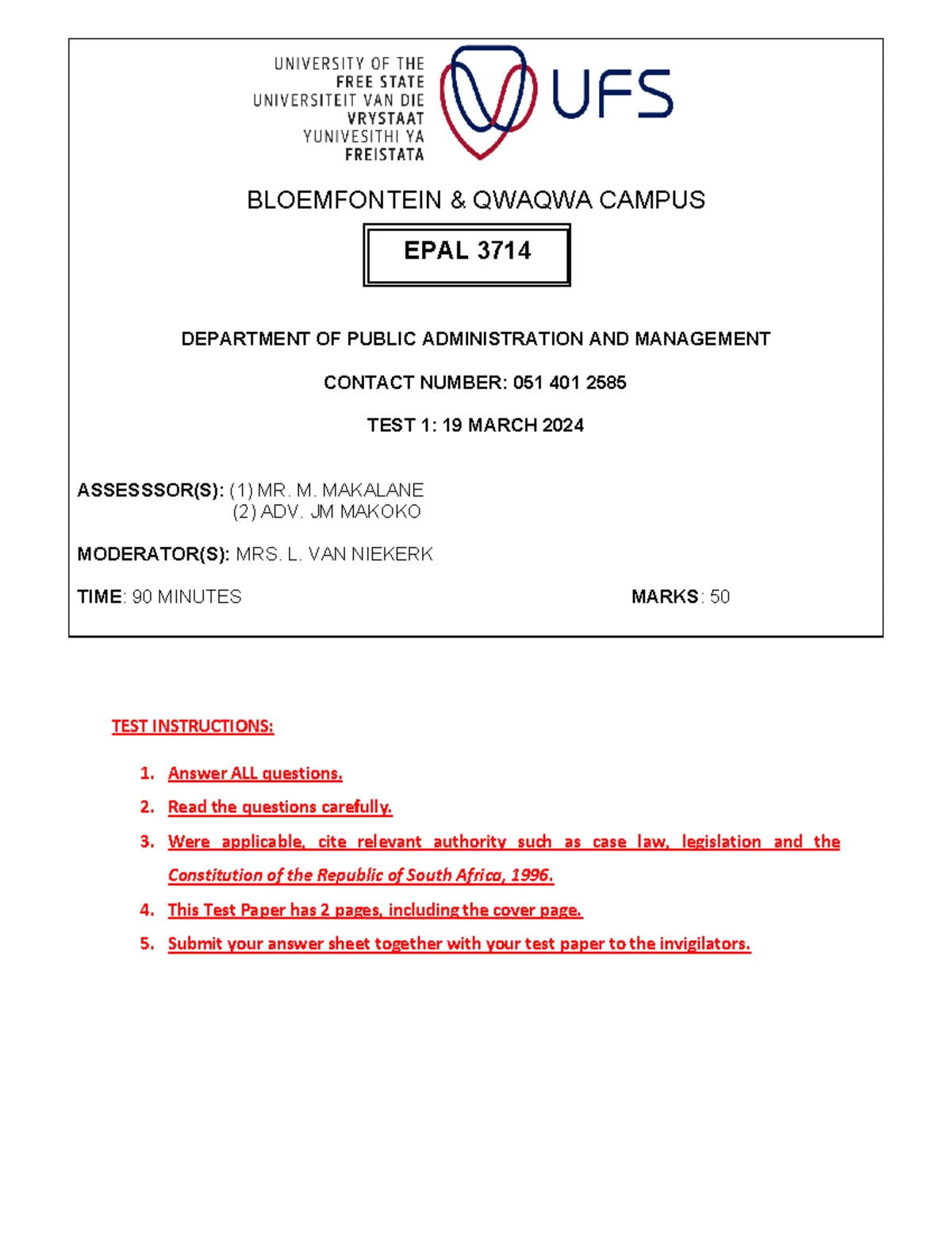 EPAL 3714 Test 3 Memorandum: Public Administration & Management - Studocu