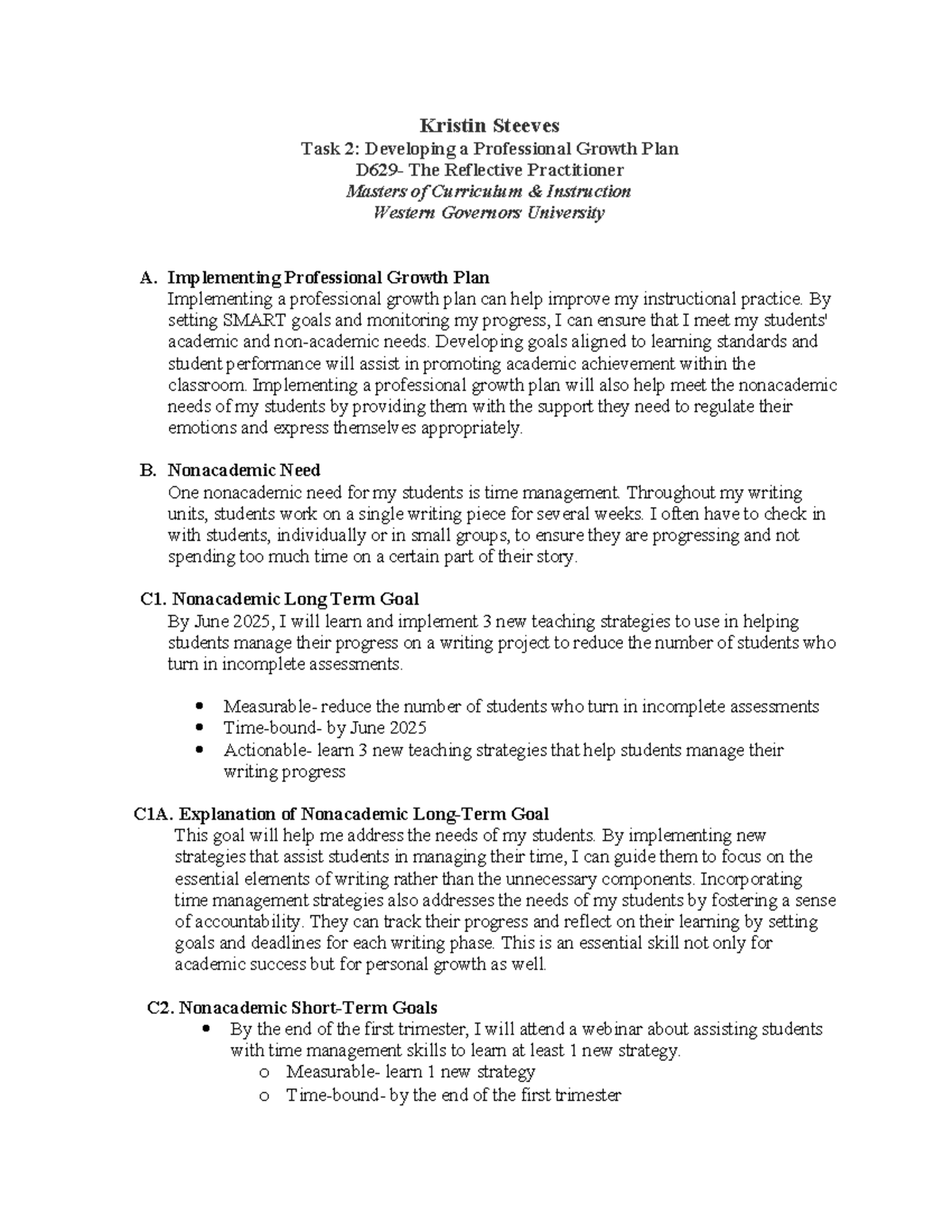 D629 - Task 2: Comprehensive Professional Growth Plan for Educators ...
