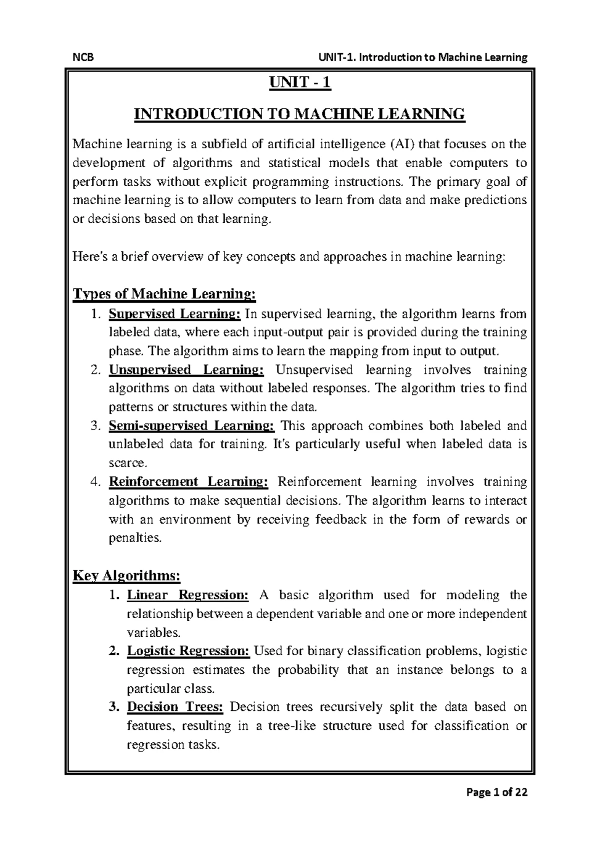 Machine Learning Concepts: Units & S Algorithm (CS101) Notes - Studocu