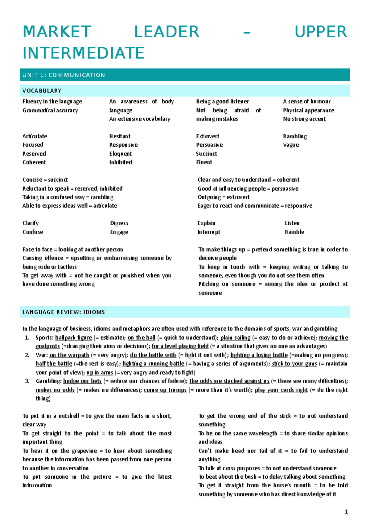 Riassunto di Market Leader – Upper Intermediate: Unità 1-7 - Studocu