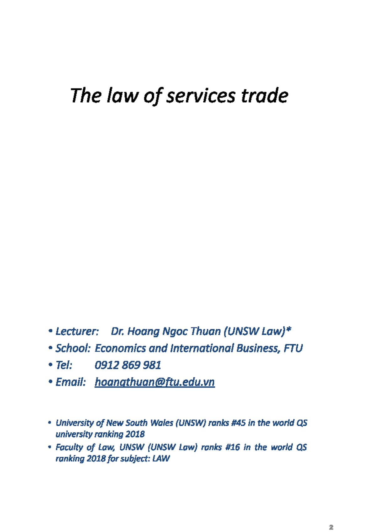 Lecture Notes: The Law of Services Trade (ECON 101) - Dr. Hoang Ngoc ...