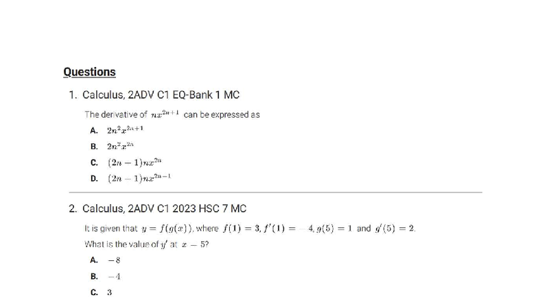 Calculus 2ADV C1 2023 Test 1 Questions and Solutions - Studocu