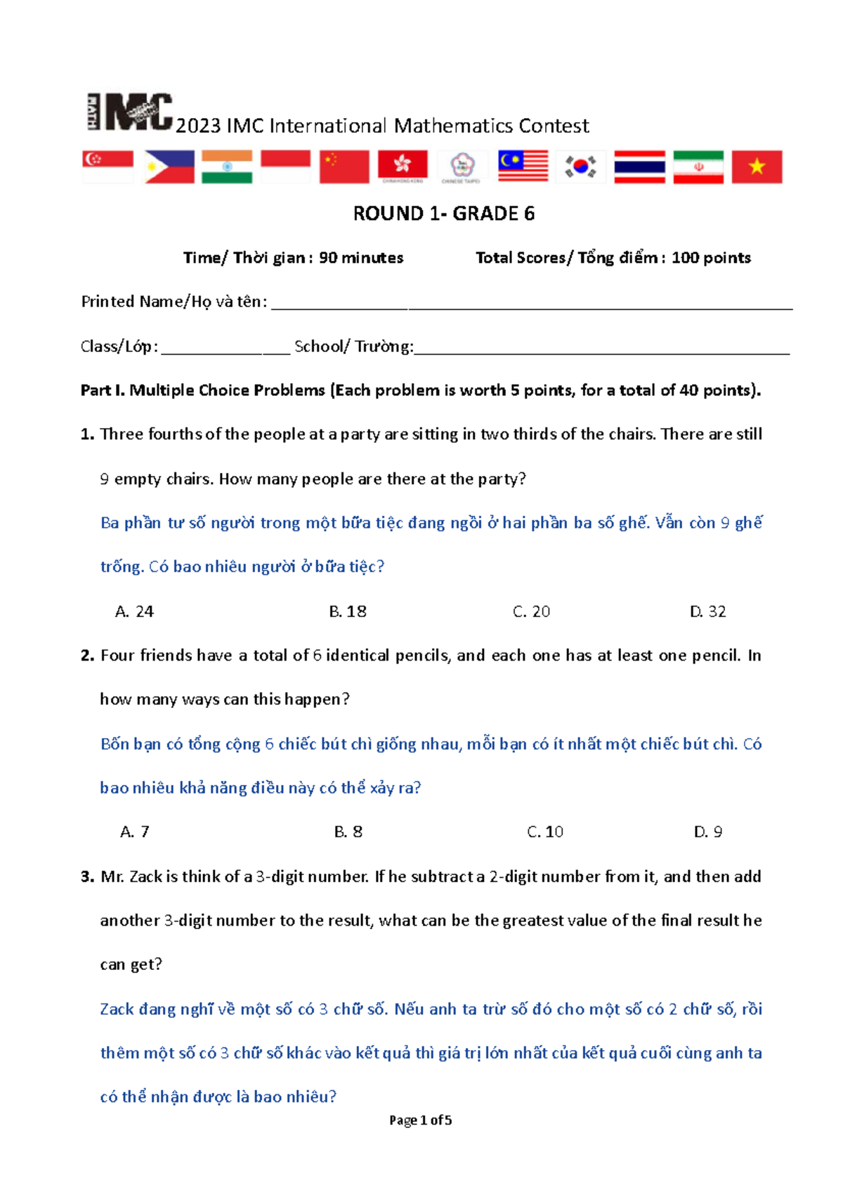 IMC 2023 Round 1 Grade 6 Math Contest Problems and Solutions - Studocu