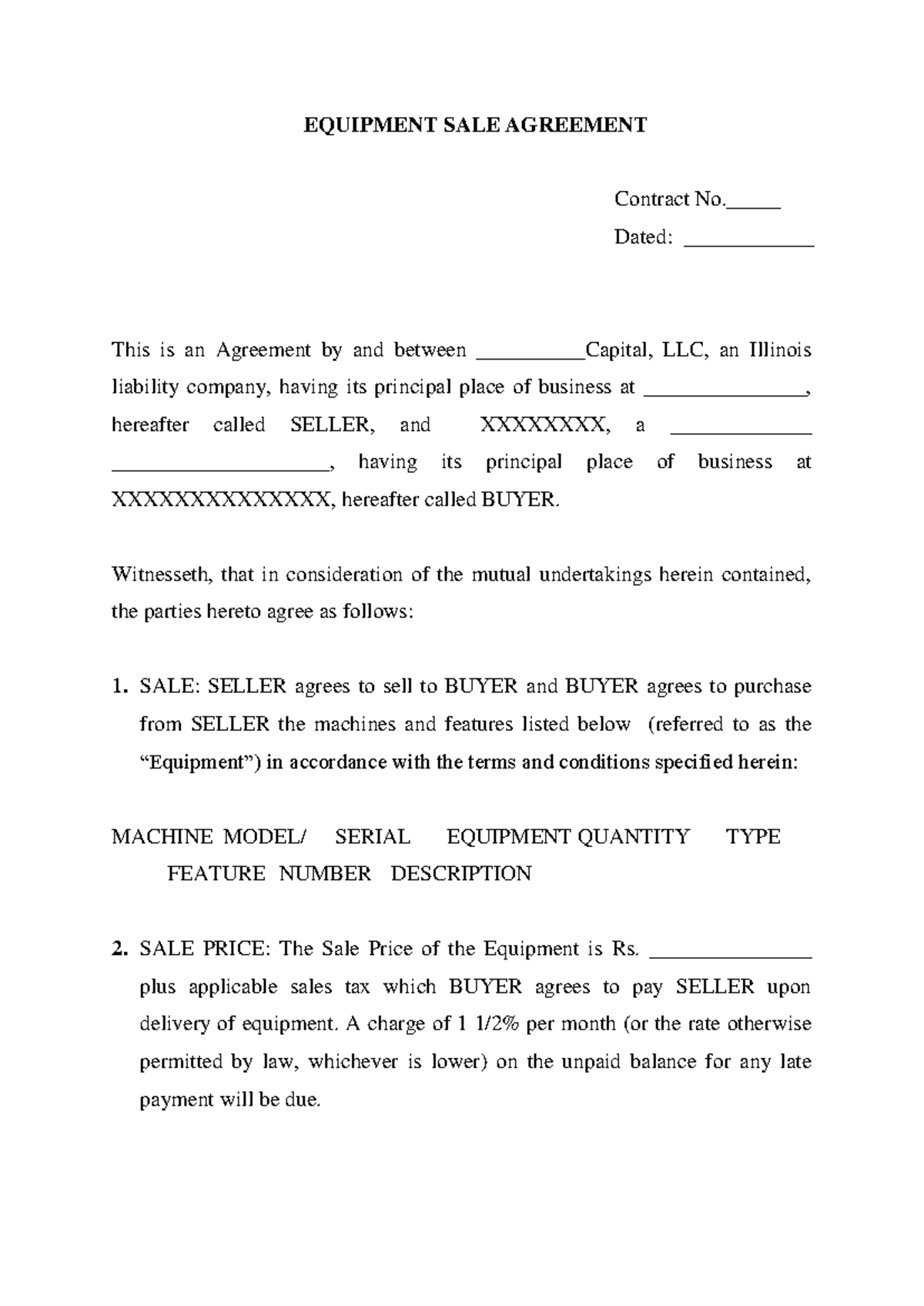 Equipment Sale Agreement Template - Studocu