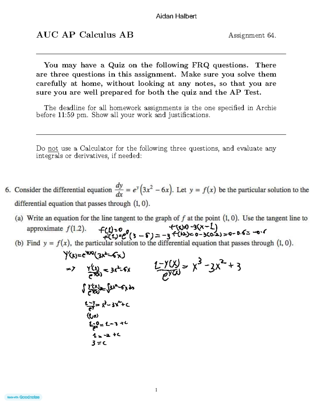 AUC AP Calculus AB Quiz Prep: Assignment 64 FRQ Questions - Studocu