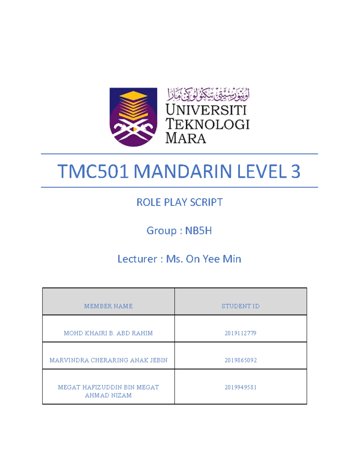 Group 3 Roleplay Draft for TMC501 Project - Studocu
