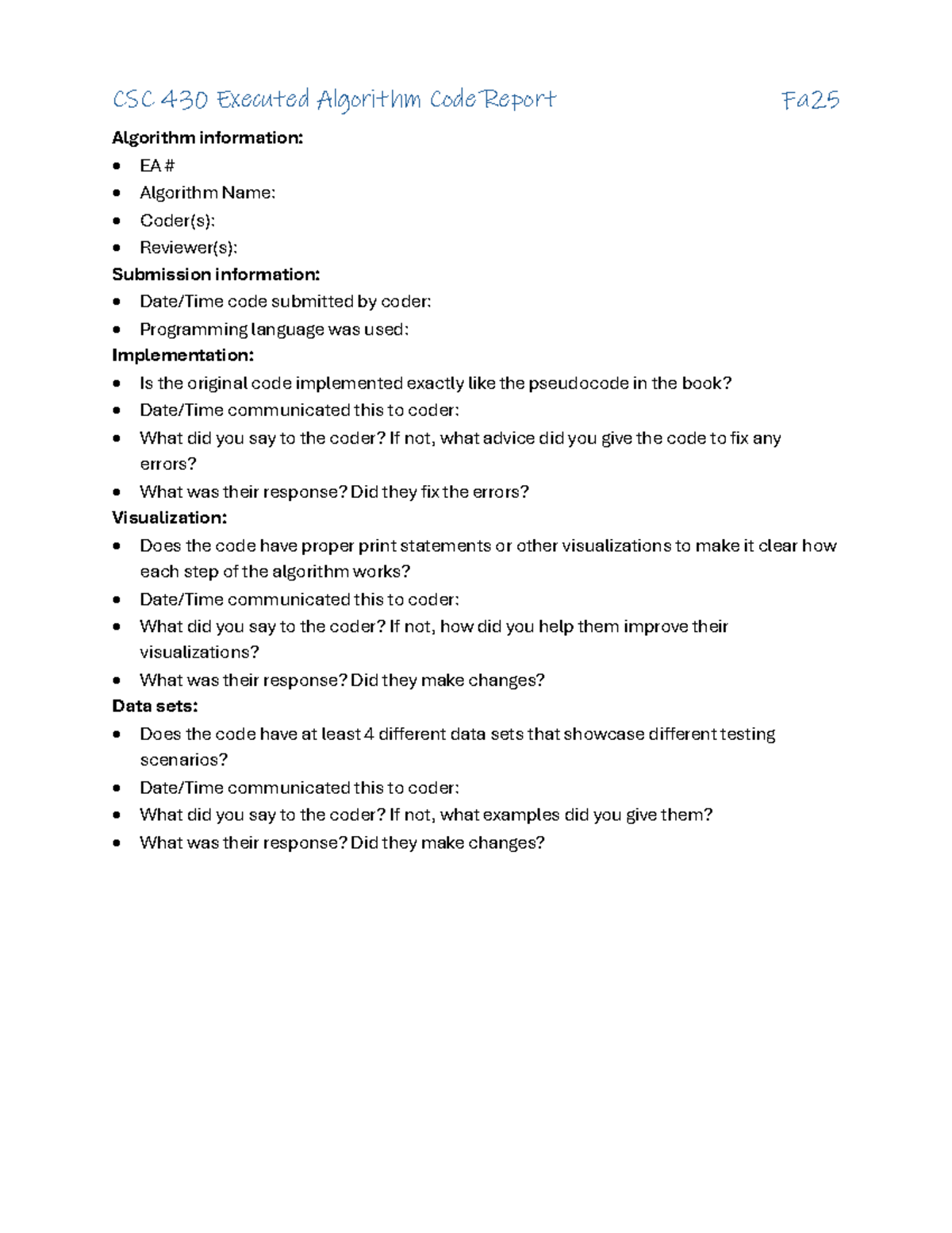 CSC 430 EA Review Report: Algorithm Code Evaluation Fa25 - Studocu