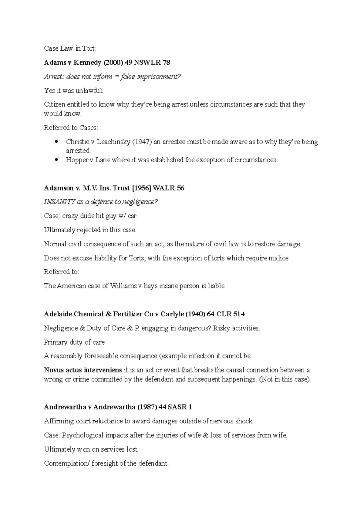 Case Law in Tort: Summary of Key Legal Principles and Cases - Studocu