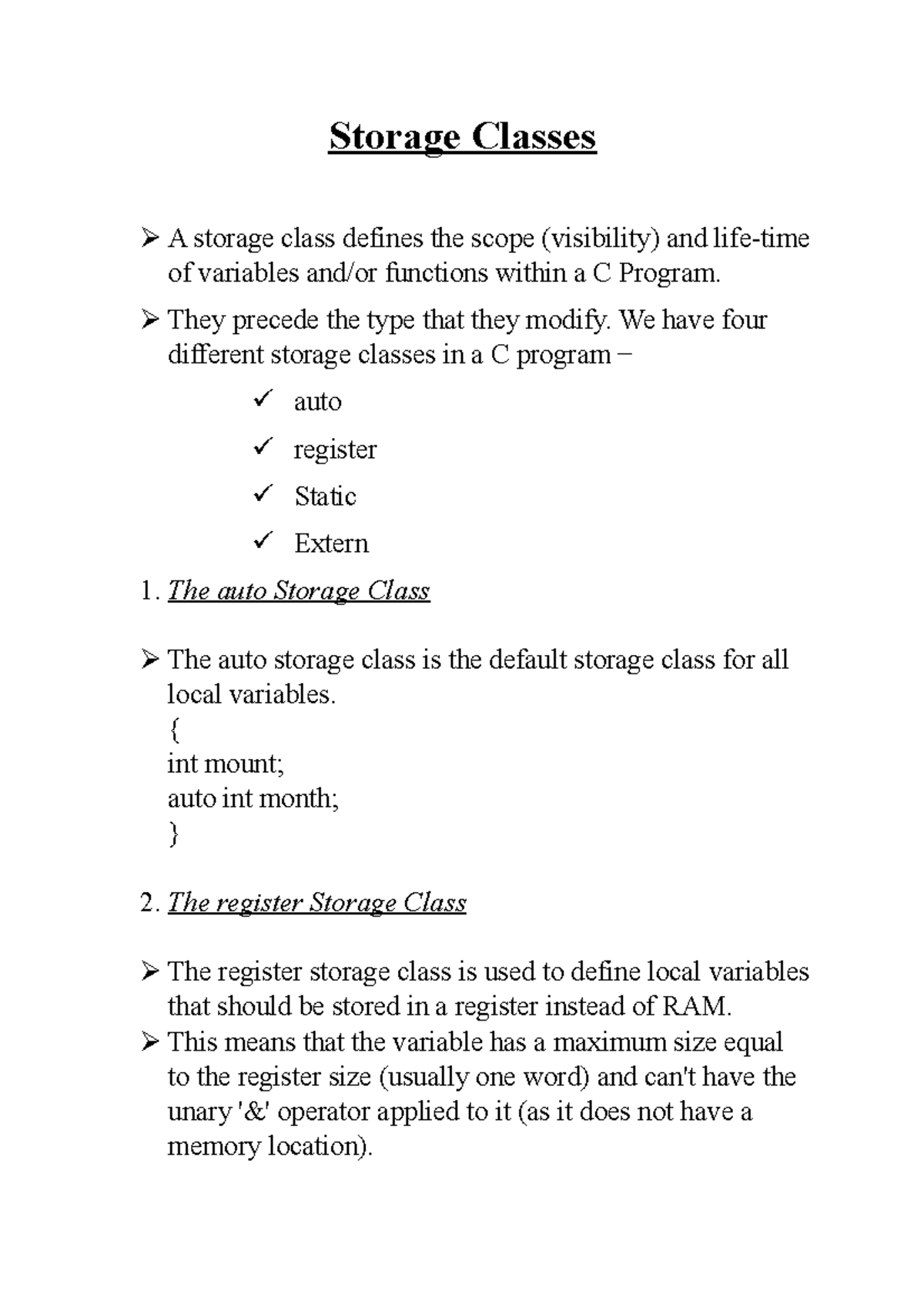C Programming Storage Classes Overview and Definitions - Studocu
