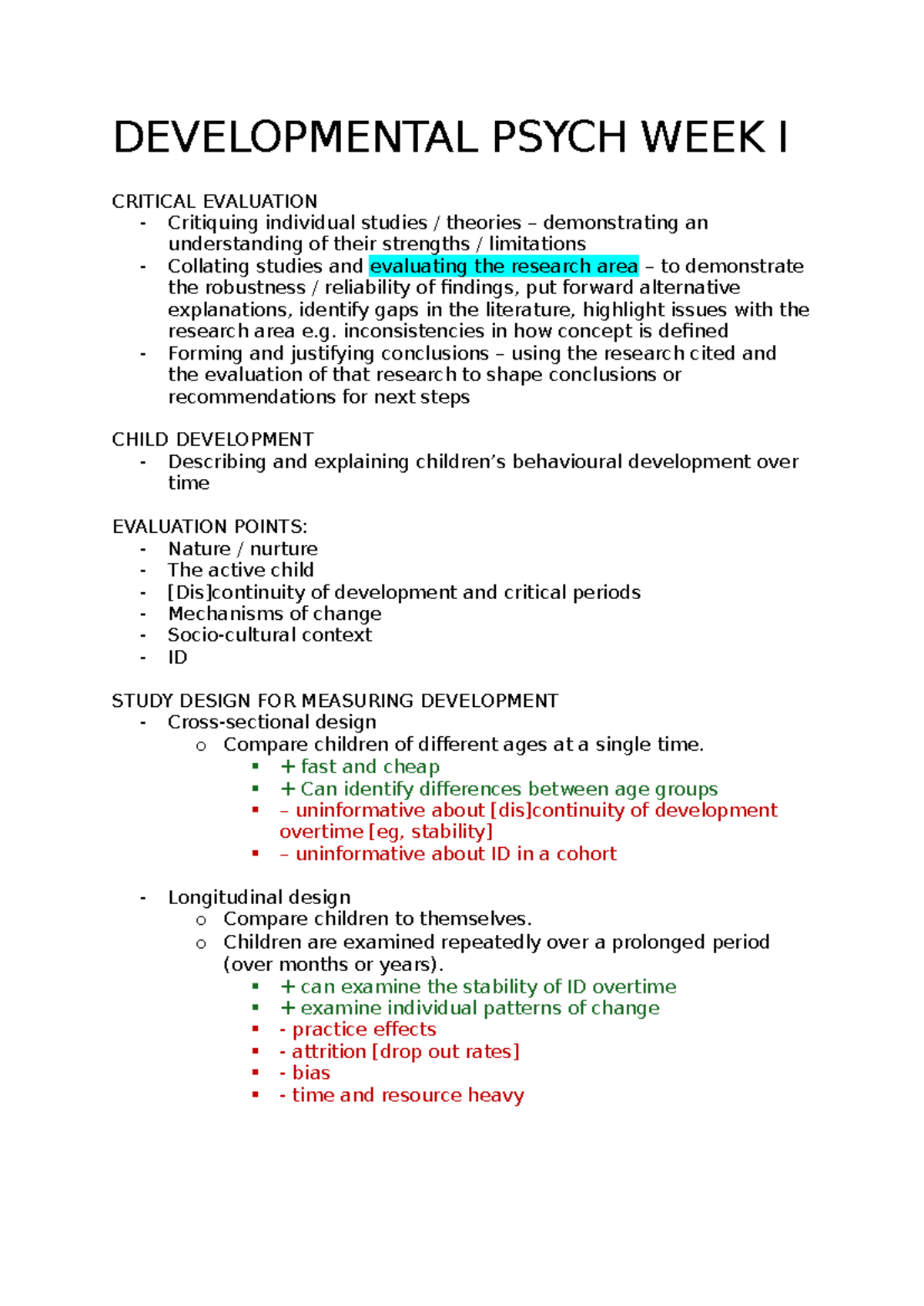 DEVELOPMENTAL PSYCH 101: WEEK 1 LECTURE CRITICAL EVALUATION - Studocu